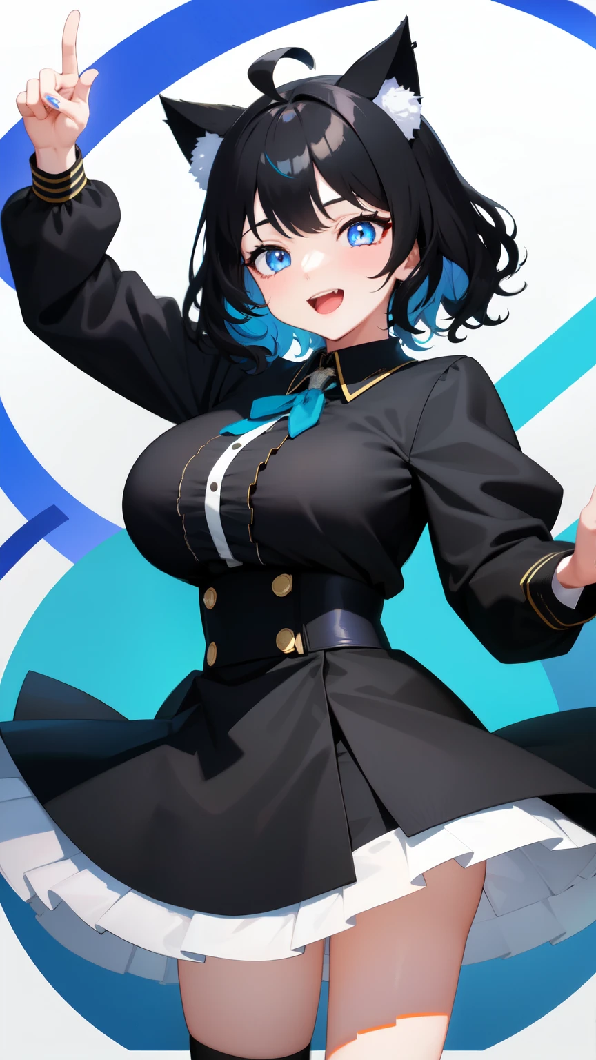 looking at the viewer, 1 girl, smile, Open mouth、Virtual YouTuber、with a girl、((highest quality, expensive_solve, clear_image)),(black hair), (black cat ears), (Ahoge), (ridiculously short hair), (wavy hair), (blue eyes),、Sorry face、very big breasts、upright、hands on both sides