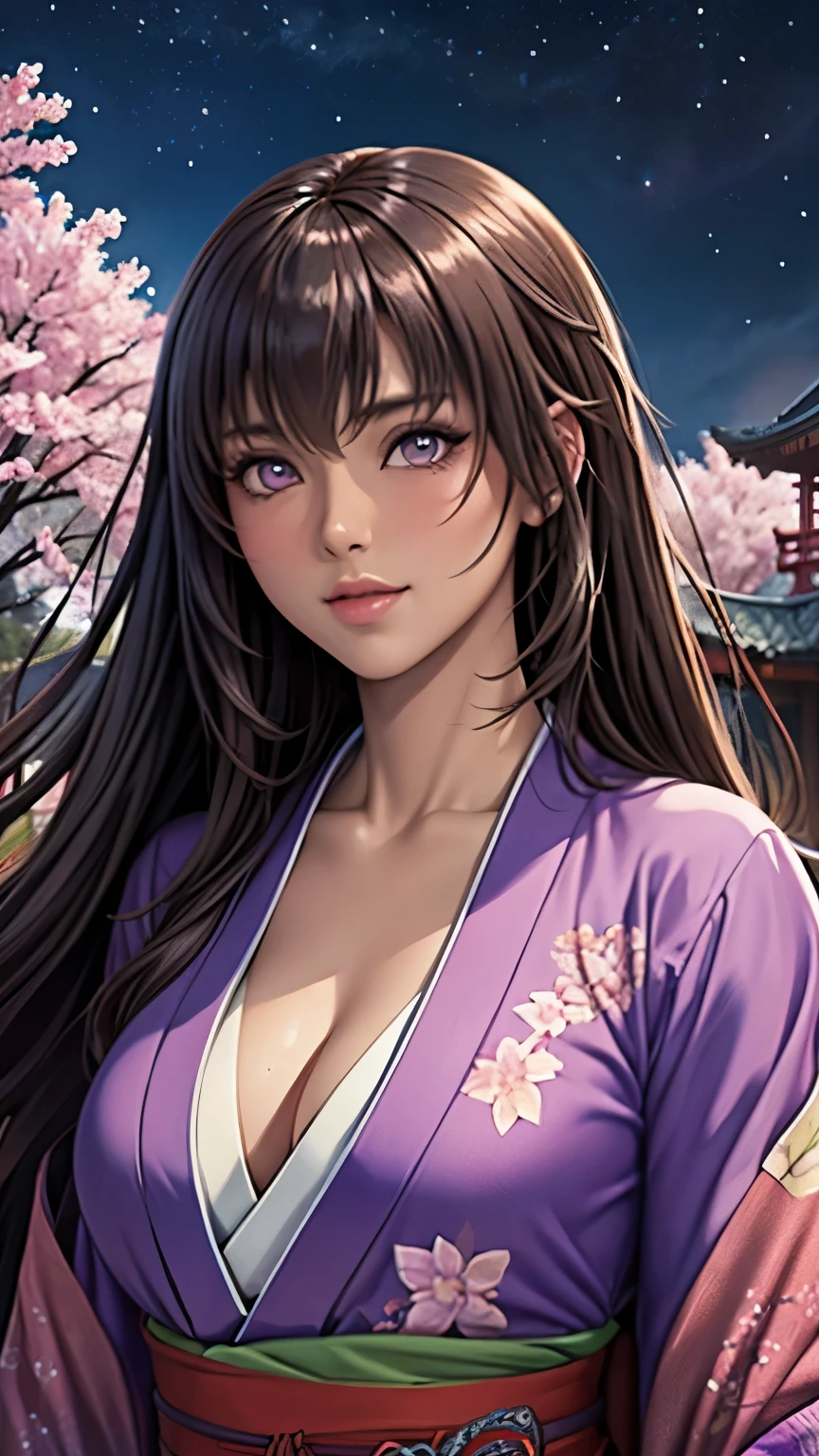 purple eyes, (highest quality, masterpiece painting:1.3), immature woman, , (half body shot), masterpiece, ultra high resolution, (Photoreal:1.0), brown hair, straight hair, beautiful shining hair, white and shining skin, ((Ultra realistic details)), octane rendering, highly detailed face, (big breasts:0.8), (make a heart with hands), Wearing a beautiful Japanese kimono, Kimono has colors and patterns, Hair flutters under the influence of the wind, Japanese garden with beautiful cherry blossoms at night, Mysterious night sky, Beautiful Landscapes, sharp focus, intricate details, professional artwork, (bright colors:1.1), bright colors, diffused lighting, digital blending, ultra-definition body, ultra detail hair, super detailed face, that&#39;It&#39;s trending on pixiv, top button open, Cute gaze, compensate, perfect lips, perfect compensate, Ultra-precision coating,  (light_smile:0.8), (Very embarrassed:1.2), blush your nose,