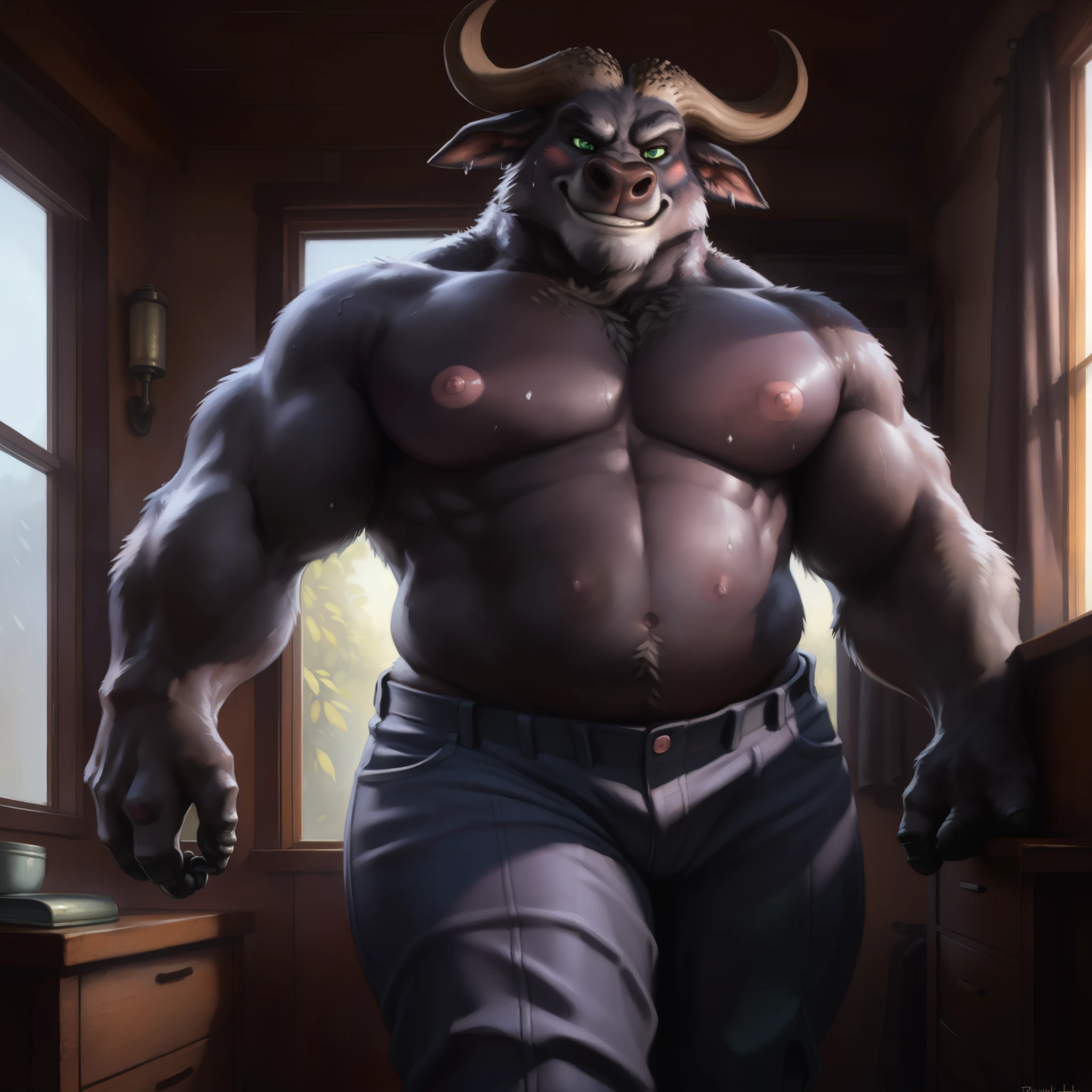 solo, (ultra detailed), a beautiful and detailed full size portrait of a female anthro chief bogo, green eyes, glowing eyes, black body, brown skin, horns, tail, bedroom eyes, detailed eyes, big body, sexy body, (wide body). goddess, kenket, Ross Tran,ruan jia, trending on artstation,foxovh, cenematic lighting, big , wet, (((pink nipples, blue pants))), day, smile, looking at viewer, blush, wet, front view, walking, seductive, bedroom, hands free,
