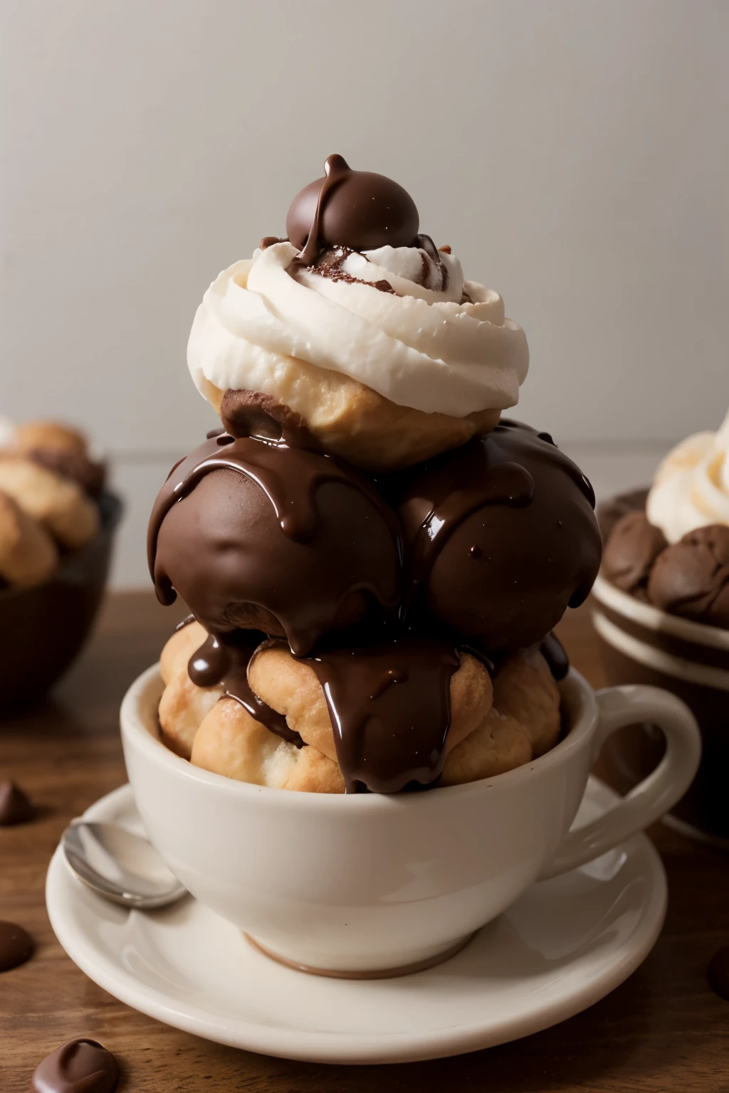 profiteroles in a coffee cup covered in chocolate and everything in the middle is a large photo
