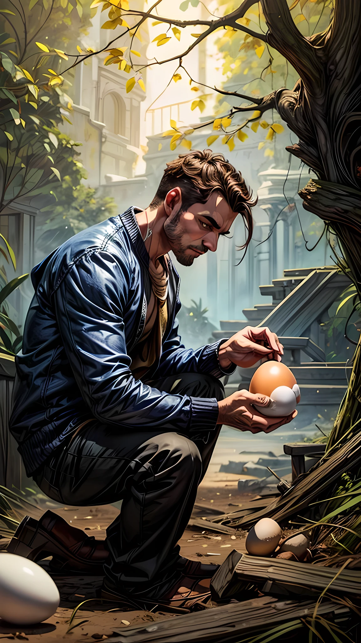 Man holding a egg, obra de arte, tradicional_media, Melhor qualidade, [realista], CG extremamente detalhado