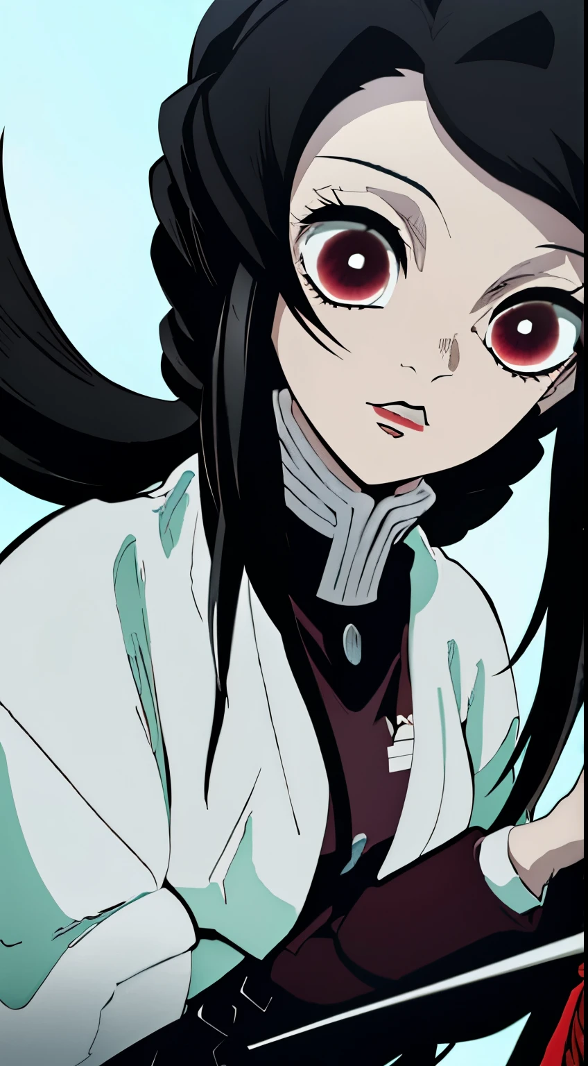 mujer joven blanca, Cabello negro con detalles rojos en el cabello., pelo medio, ojos marron, Cara seria, linda, espada, uniforme de cazador de demonios, reflejos rojos en el cabello, reflejos rojos en el cabello, cara redonda, pelo corto