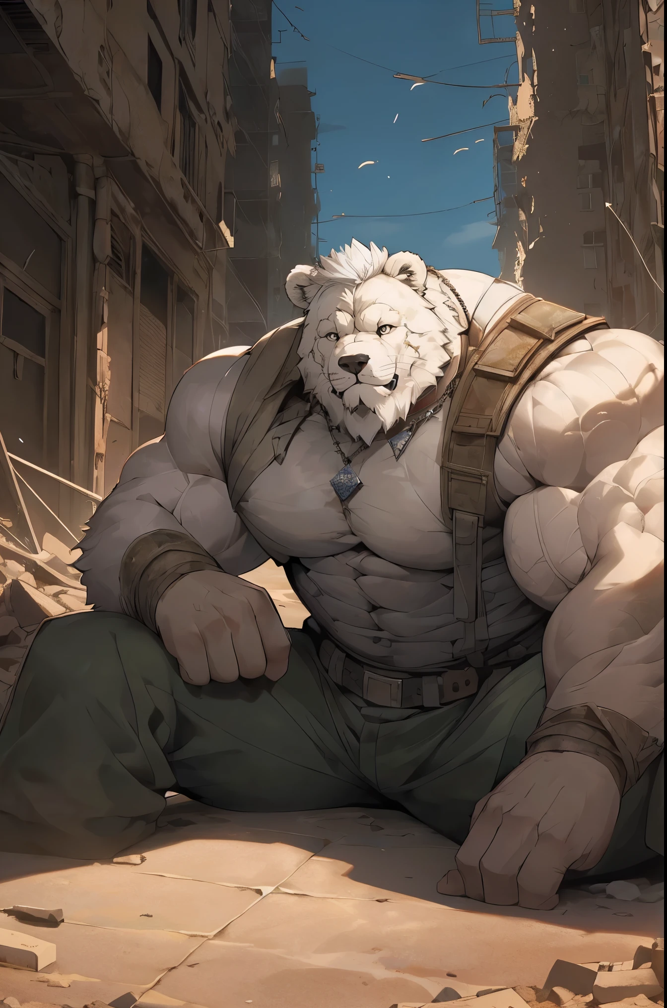 Very detailed, Detailed face, delicate eyes, Detailed muscles, (View whole body), ((1 person)), ((Furry bear)), (Purpose (big muscular elder soldier sitting resting in the ruins of the building)), the elder is soldier and wearing soldier uniform, elder (beard, beaded, 白beard, battle scar face, short hair, white hair, Strong character, strong muscles), (background ((wasteland, post-apocalyptic, city ruins))), (photography (50mm lens, cinematic, cinematic color))