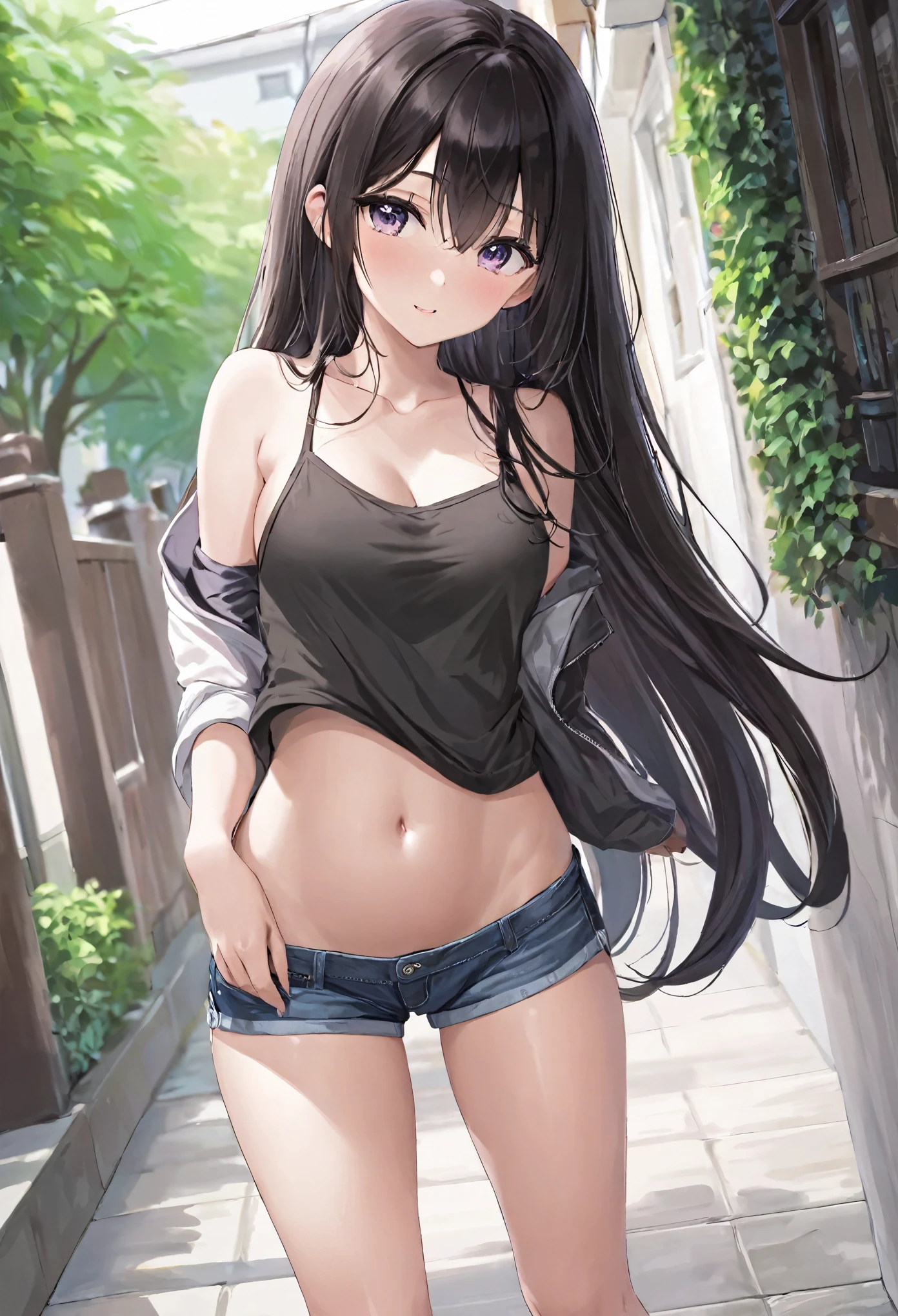 girl,low length,long hair,shorts,average chest,Erotic,cute pose