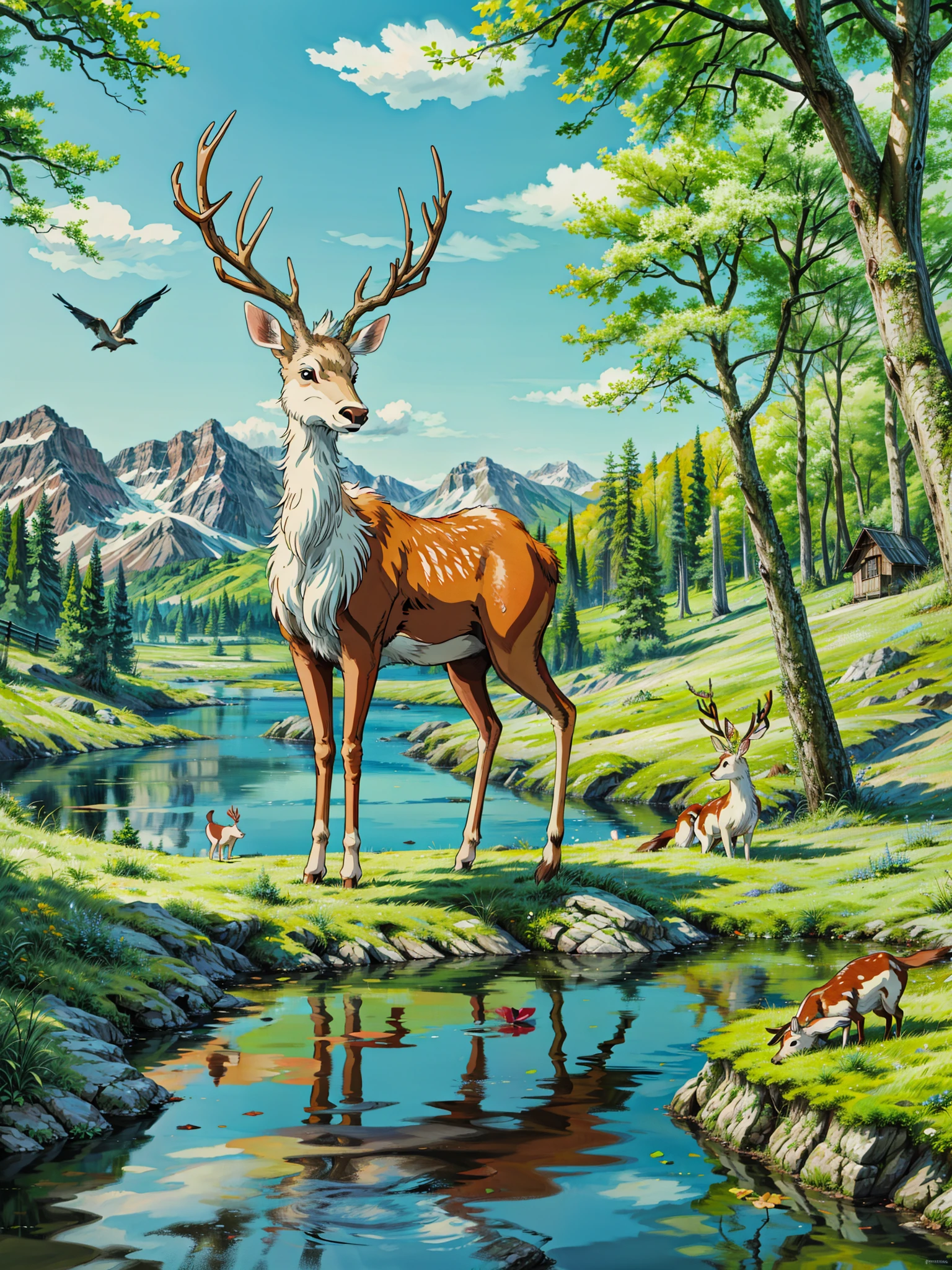 a deer standing on a log next to a river, deers drinking water in the lake, deers, magical forest backround, magical forest background, fantasy forest background, woodland background, nature background, among foxes and deer, deer, nature environment, natural landscape background, mystical forest background, landscape background, forest background, in picturesque forest diorama, 4k hd,, beautiful art uhd 4 k, a beautiful artwork illustration, beautiful digital painting, highly detailed digital painting, beautiful digital artwork, detailed painting 4 k, very detailed digital painting, rich picturesque colors, gorgeous digital painting