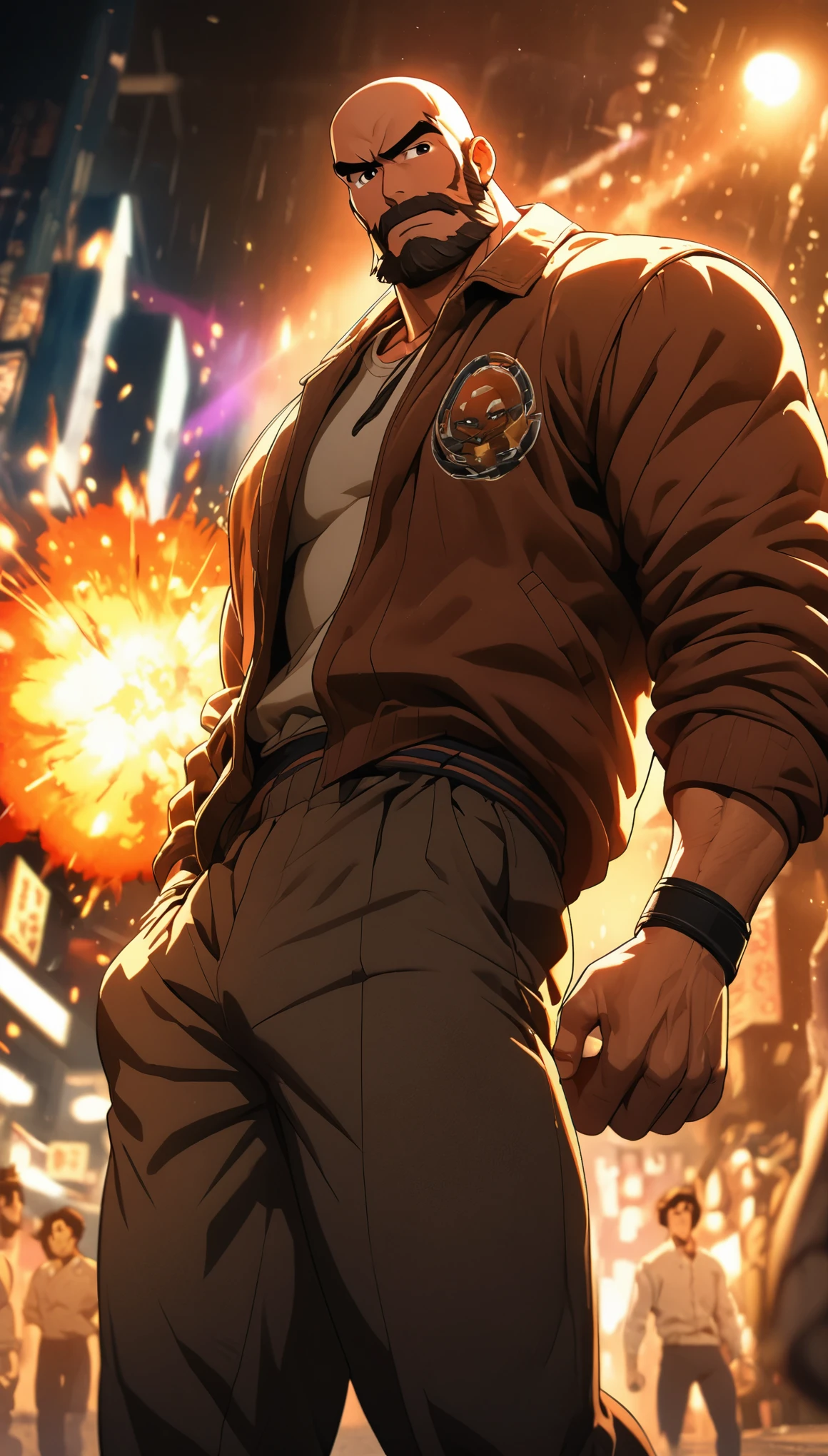 Comic city hunter style,30 year old handsome man,Bald,beard,karate outfit,front,explode,The fire burst into the sky,Low angle viewing angle,rich and colorful,Japanese manga artist Tsukasa Hojo'style,depth of field,(White background:1.5),Overclocked renderer,movie lighting,Ultra-fine,super detailed,CG art,