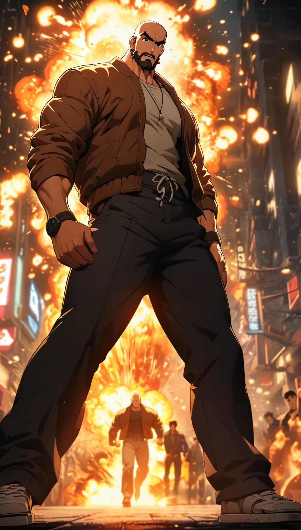 Comic city hunter style，30 year old handsome man，Bald，beard，karate outfit，front，explode，The fire burst into the sky，Low angle viewing angle，rich and colorful，Japanese manga artist Tsukasa Hojo&#39;style，depth of field，（White background：1.5），Overclocked renderer，movie lighting，Ultra-fine，super detailed，CG art，