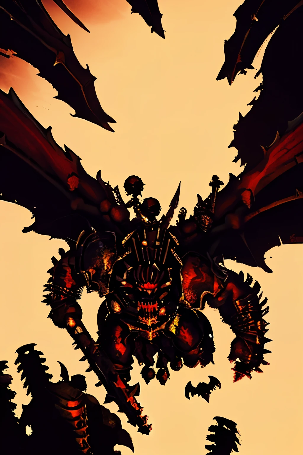 1male, solo, 1boy, Angron, butchers nails, dreaded hair, dreads, full body, khorne, Khorne_World, berzerker, red armor, faceless, demon berserker, chaos marine, hyper detailed, angry, clawed hands, blood on clothes, blood on helmet, fangs, stout limbs, big demon wings, bat wings, devil wings, flying, skulls, chains, spikes, skull pauldron, torn clothes, brass trimming, chaos, warhammer fantasy art, white background