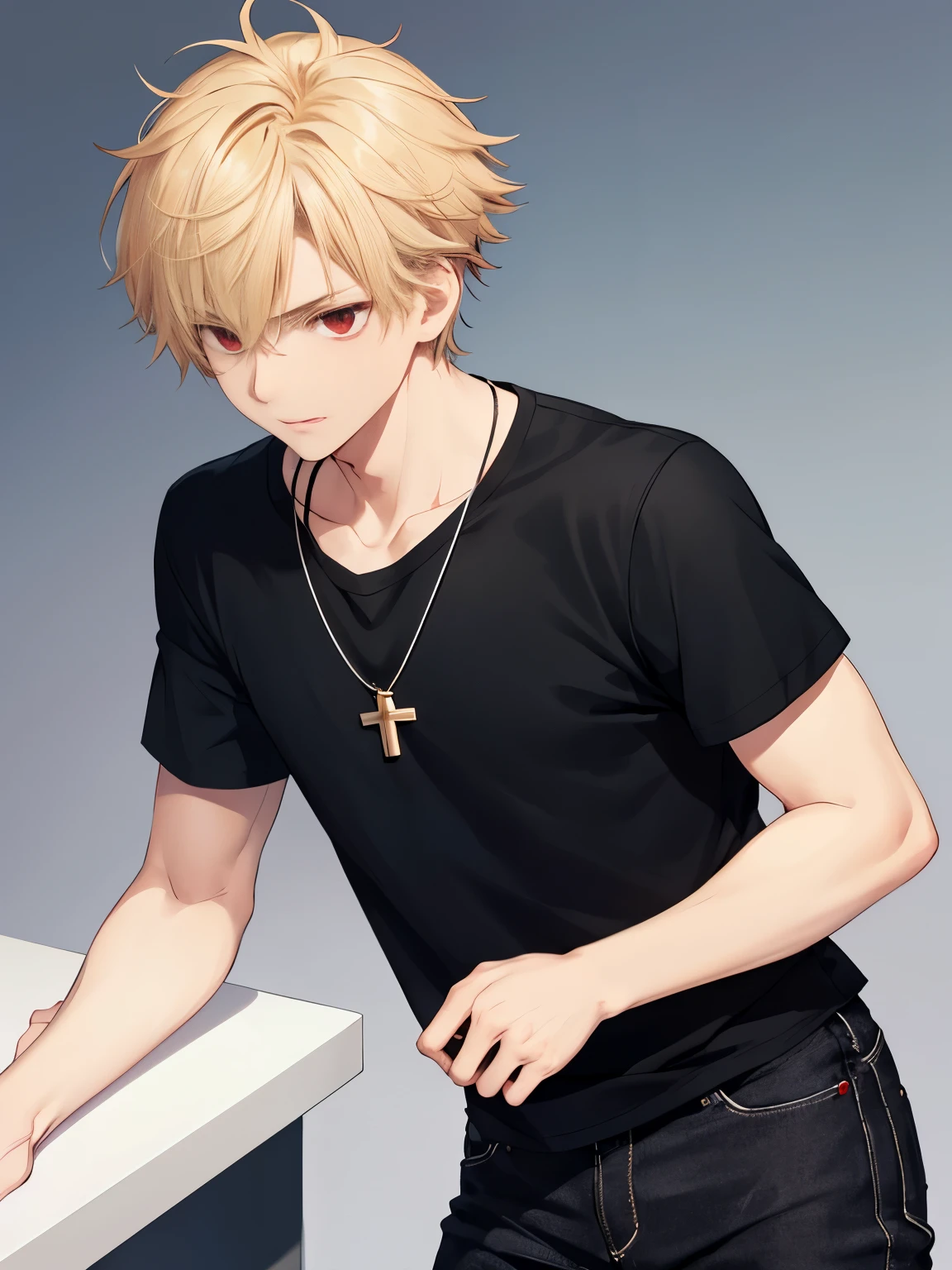 1 boy,solo,20 years old,guy,squar,Facing right, camera angle from the side, looking away,,close up photo,shock expression,cross necklace,handsome,messy hair,Perfect face, short hair, blonde hair,black t-shirt, Plain t-shirt,black t-shirt,short sleeve t-shirt,black trousers, Long pants,red eyes,bright red eyes, vampire