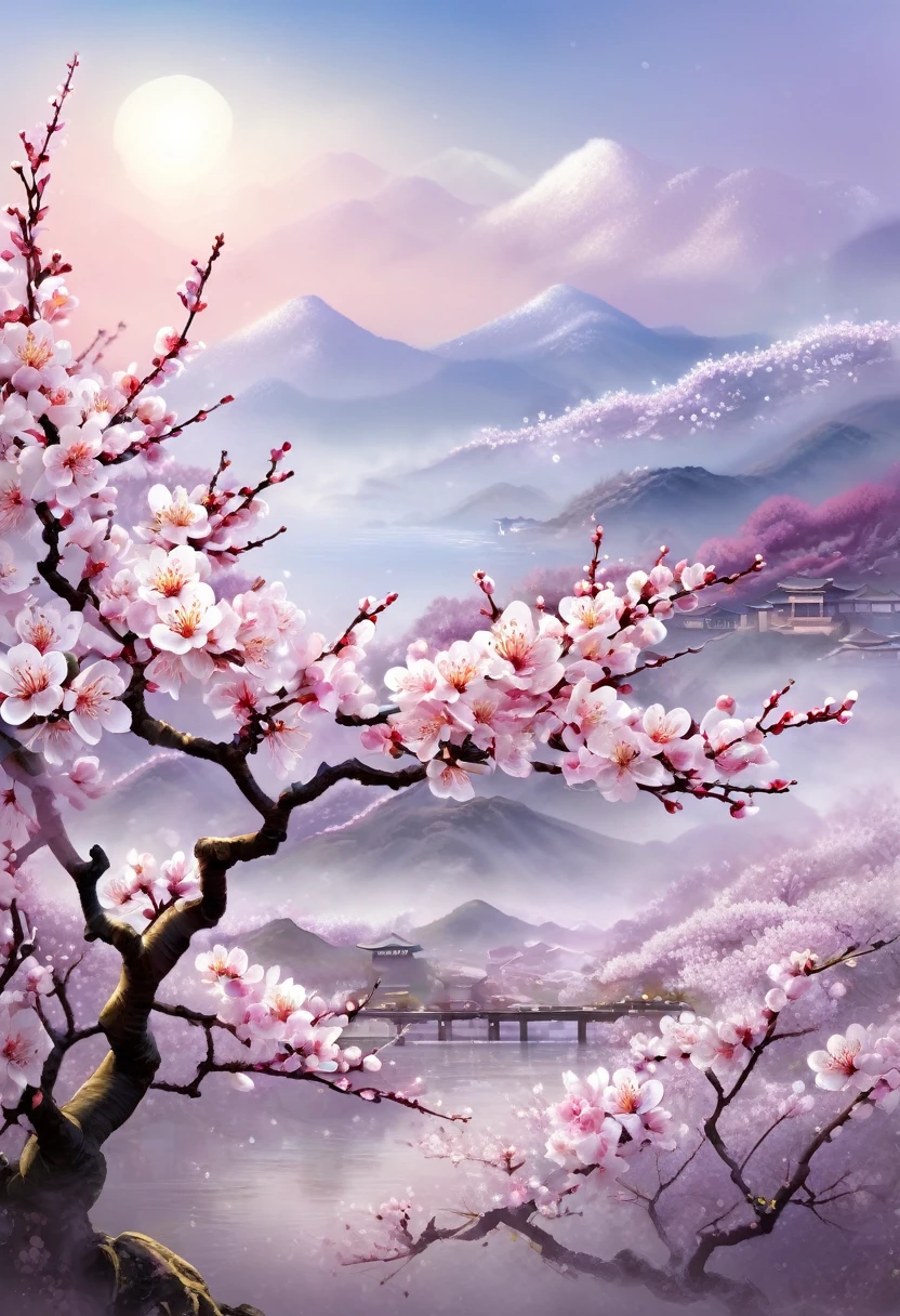 
                   Plum blossoms are in full bloom on a spring morning. Plum blossoms are blooming on the branches.，Blooms with pure white or pink flowers，Add a touch of beautiful color to spring。

                               Intricate beauty, Intricate artwork detailed textured morning scene.Early morning light detailed fantasy digital art 