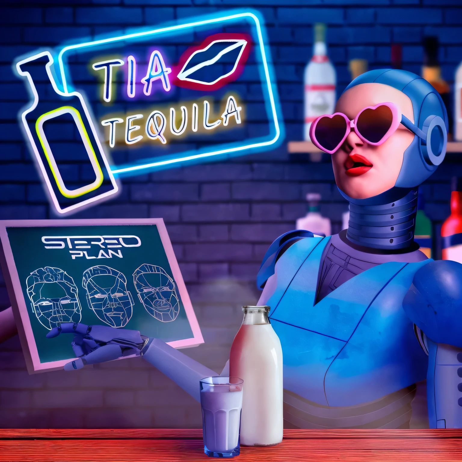 hay un robot sosteniendo un cartel que dice tia tequila, onda sintetizada art style ]!!, onda sintetizada art style, ( ( ( onda sintetizada ) ) ), [ onda sintetizada art style ]!! ]!!, [ onda sintetizada art style ]!!, anuncios ciberpunk, onda sintetizada neon retrofuturism, stylized digital illustration, onda sintetizada art, robots bebiendo alcohol