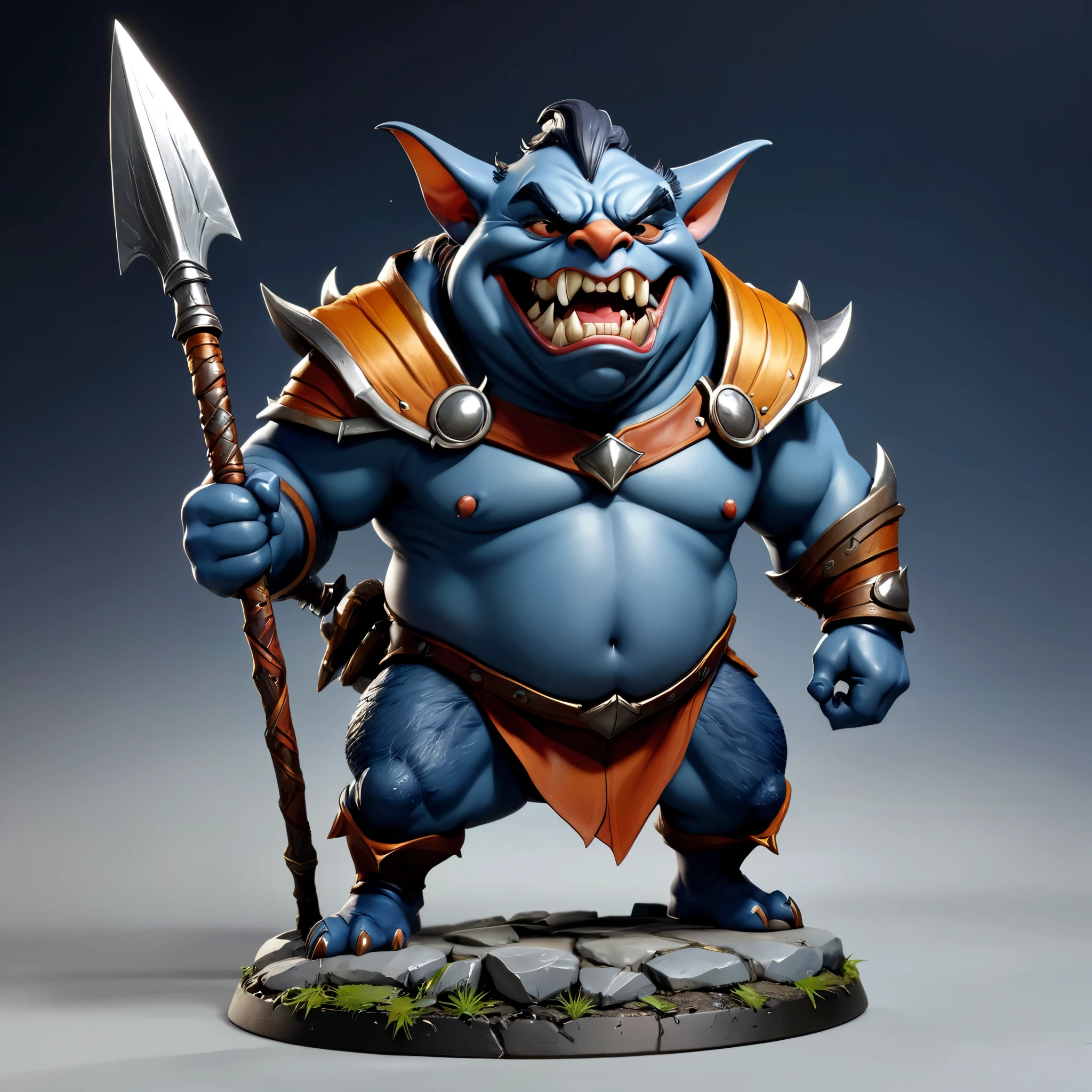 (master piece), 8k, best quality, Hobgoblin, caricatured, chubby, bluish-gray skin, pointed teeth, canine with large lower teeth, medium and thick nose, 1.40cm tall, ugly, fights with a spear, attacks with the spear, warrior, brave, strong, villain, fearless, action-packed, adventure, villain pose, angry expression