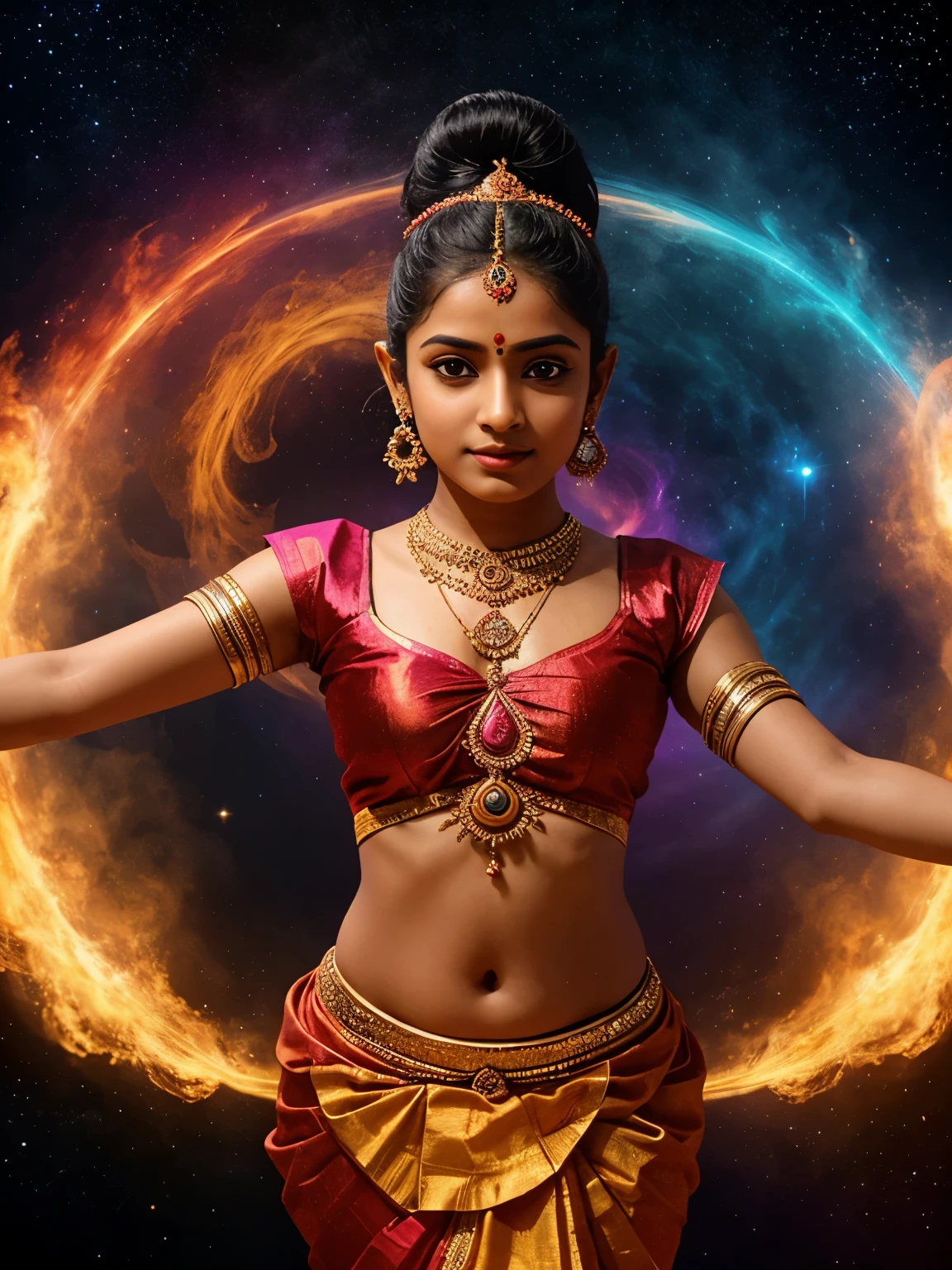 an outline sketch of 18 year old girl dancing Bharatanatyam, beautiful realistic face, eyes symmetry, face symmetry, cosmic rays smoke, covered with vibrant color smoke, in the deep space, intricate  details, cinematic effects, field of depth, celestial bodies, CGI, HDR, hyper realistic