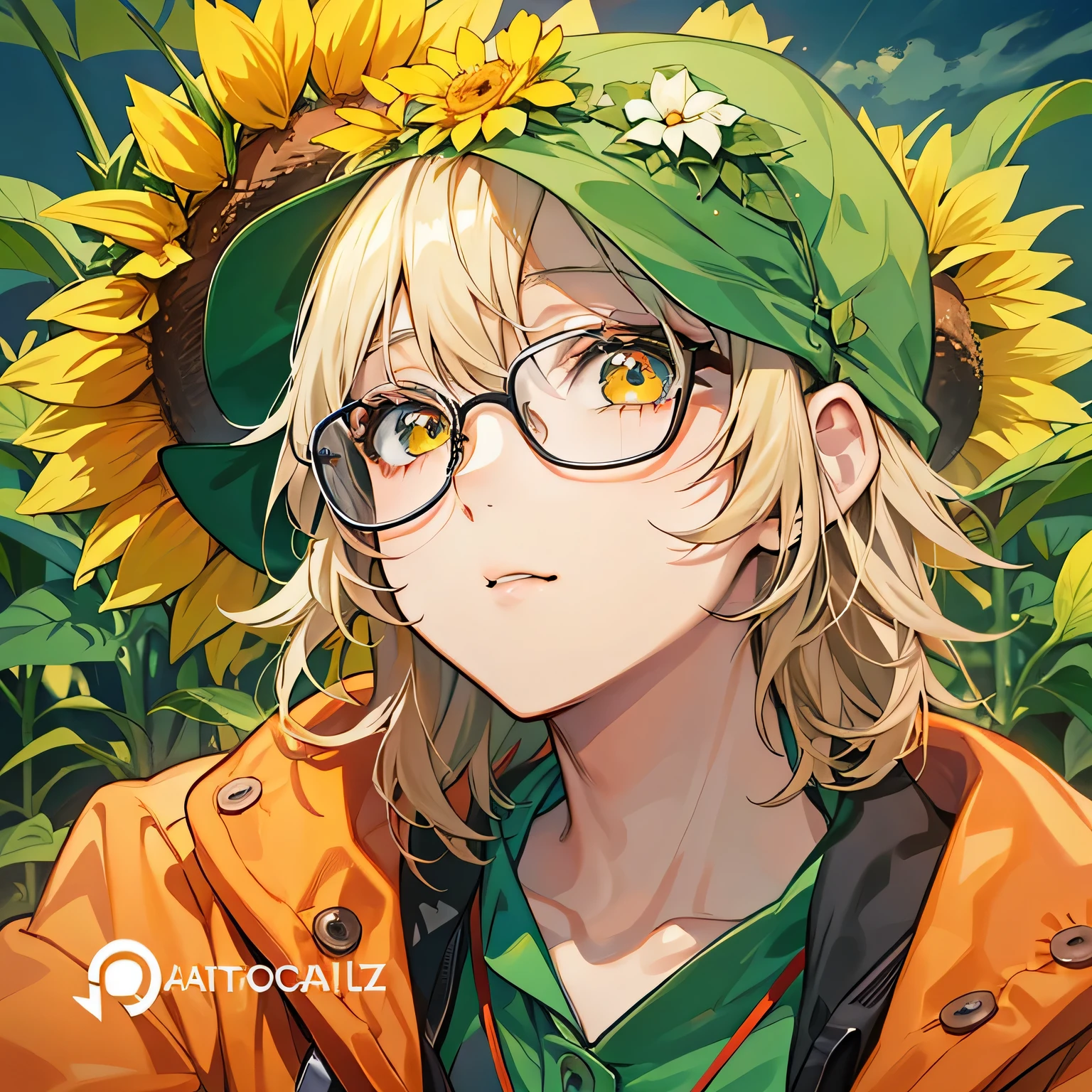 anime - style image of a young man with sunflowers in the background, lindo garoto de anime de girassol, capa de anime, menino anime de cabelo laranja, artwork in the style of Guweiz, estilo de arte de anime de alta qualidade, retrato estilo anime, arte oficial, fanart de alta qualidade, Guweiz, jovem anime, arte oficialwork, estilo de arte anime moe, fanart oficial