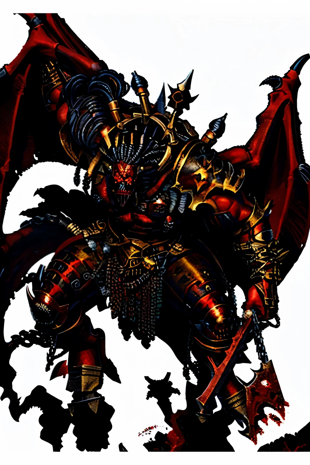 1male, solo, 1boy, Angron, butchers nails, dreaded hair, dreads, full body, khorne, Khorne_World, berzerker, red armor, faceless, demon berserker, chaos marine, hyper detailed, angry, clawed hands, blood on clothes, blood on helmet, fangs, stout limbs, big demon wings, bat wings, devil wings, flying, skulls, chains, spikes, skull pauldron, torn clothes, brass trimming, chaos, warhammer fantasy art, white background