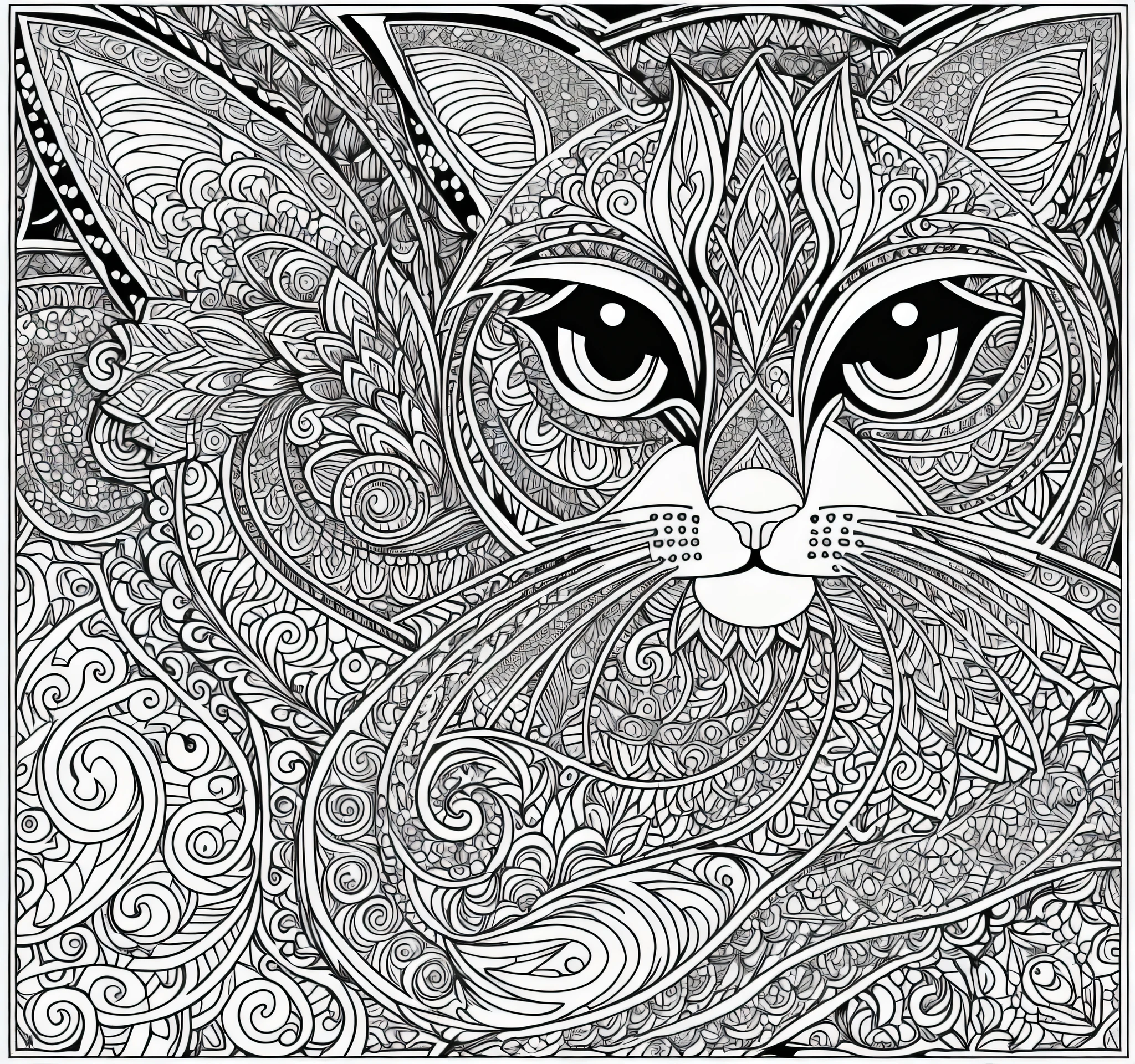 black and white drawing of a cat with a pattern on its face, detailed cat, Detailed rendering in 4K, design to gato, very detailed and hypnotic, Black & White Vector Graphics, detailed line drawing, hyper-detailed line art, detailed digital drawing, on a complex detail, Coloring book page, with a lot of details, Lineart Behance HD |, Coloring line art width 768, height 768