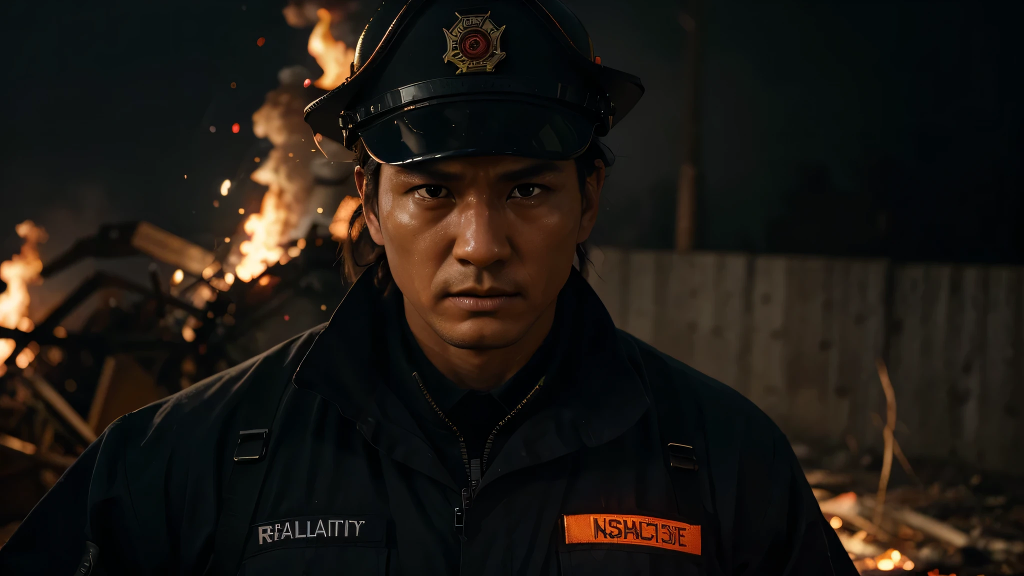 (best quality, realisitic:1.37), hyper realistic photography portrait, Japanese firefighter, uniform, walking behind fire, intense red and orange colors, smoke billowing, serious expression, determined look, strong build, protective gear, reflective strips on the uniform, dark background, dramatic lighting, dynamic composition, rugged and gritty atmosphere, focus on the firefighter's confident stride, high resolution image, incredible detail, capturing the essence of bravery and heroism