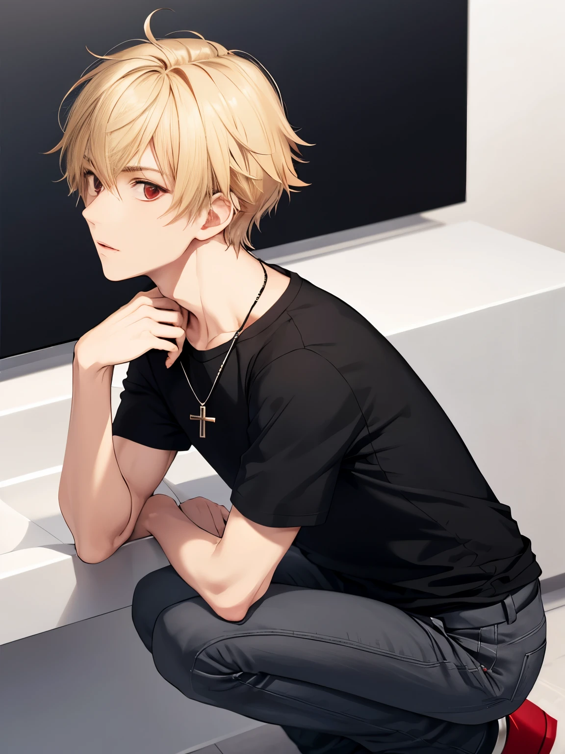 1 boy,solo,20 years old,guy,squat,Facing right, camera angle from the side, looking away,looking away,close up photo,shock expression,cross necklace,handsome,messy hair,Perfect face, short hair, blonde hair,black t-shirt, Plain t-shirt,black t-shirt,short sleeve t-shirt,black trousers, Long pants,red eyes,bright red eyes, vampire