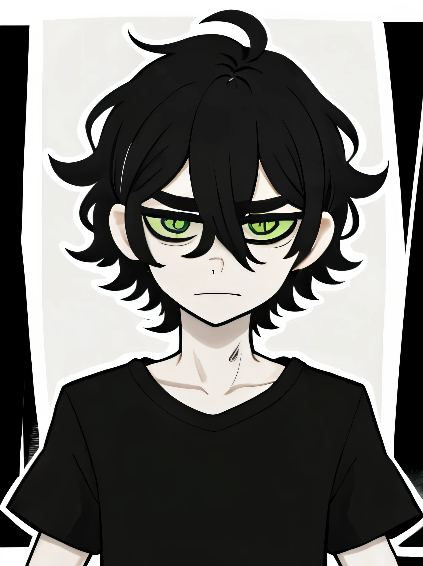 monochrome,tcoaal, solo, looking at viewer, short hair, shirt, 1boy, hair between eyes, closed mouth,black hair, Green eyes, upper body, ahoge, short sleeves, male focus, black background, messy hair, bright pupils, outline, white pupils, Black shirt, white outline,