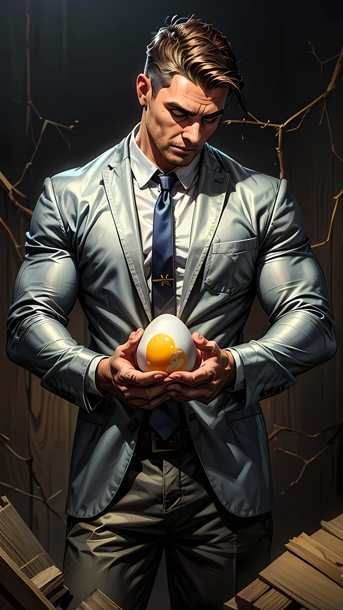 A man holding a egg, obra de arte, tradicional_media, Melhor qualidade, [realista], CG extremamente detalhado