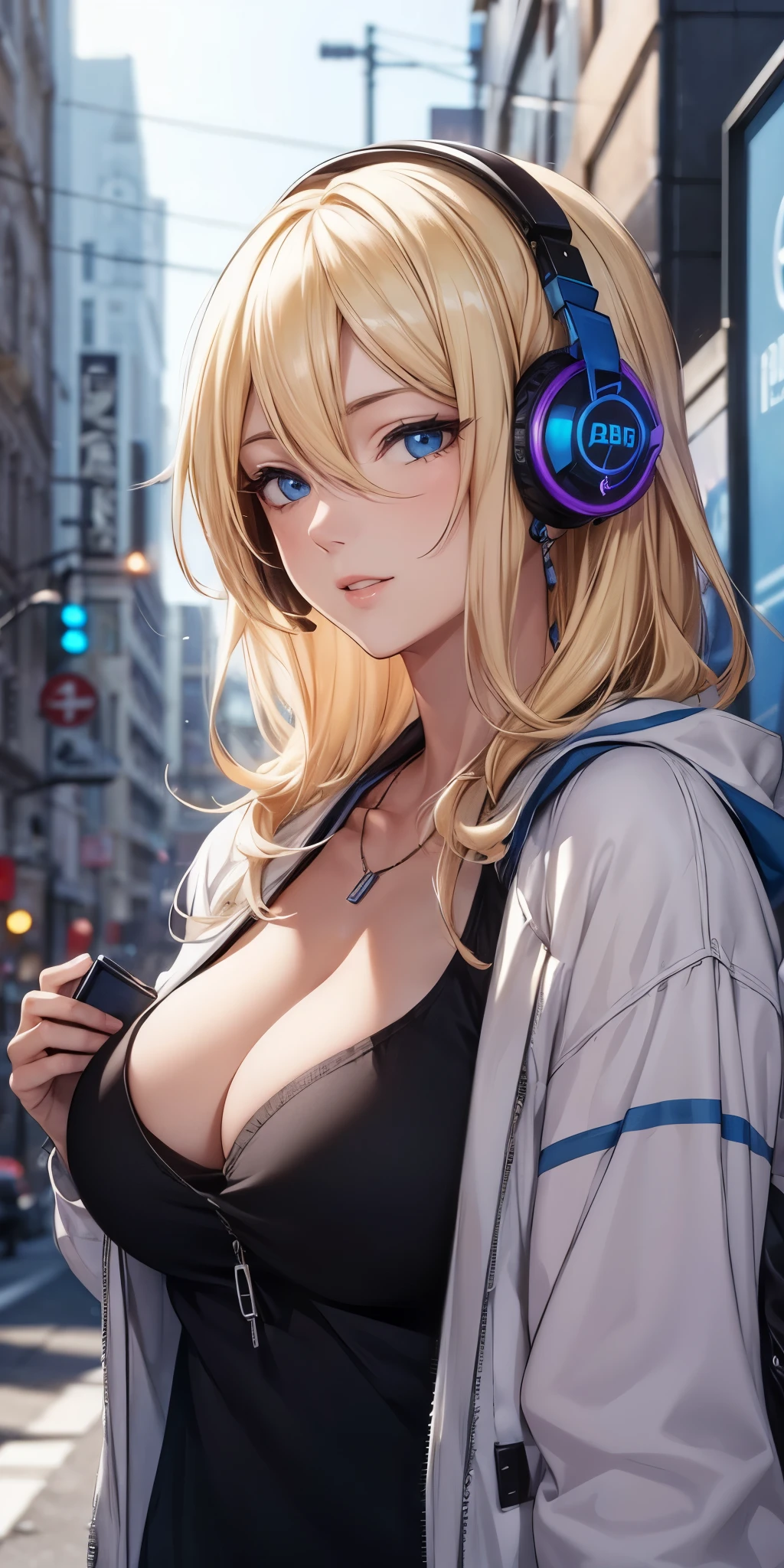 (best quality, highres), portrait, cool anime girl, blue eyes, blonde hair,  8k resolution, beautiful cg, soft light