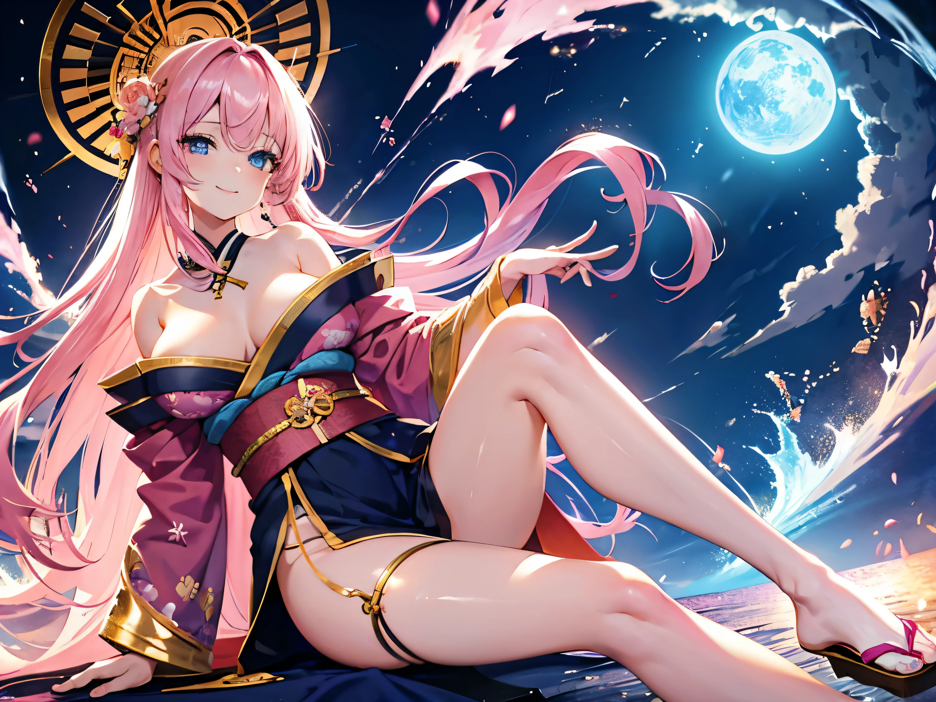 A girl with long pink hair, golden light magic, blue eyes, kimono, bare shoulders, legs, large breasts, smiling.