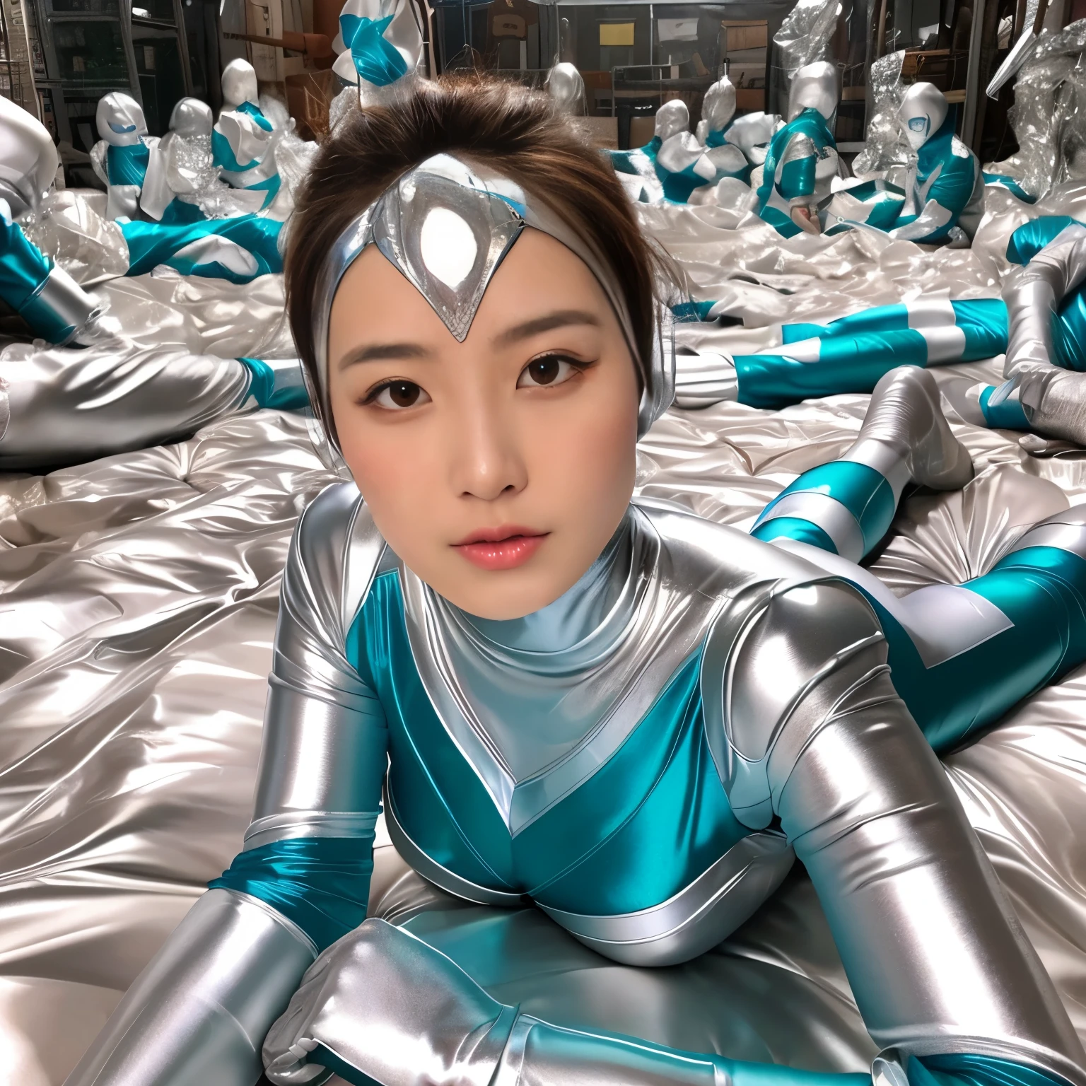 best image quality、Super high resolution、(realism:1.4)、Korean beauty star、The most beautiful KPOP star、horny face、Horny Korean makeup、erotic expression、A body that makes you want to touch it、erotic photos、((Realistic shiny satin fabric texture、High-gloss stretch satin fabric that is smooth and smooth to the touch.、The drape of the curved part of the shiny satin fabric、strong shiny costume、The smooth and beautiful quality and luster of the costumes、A shiny costume made of high-quality satin fabric with high density.、Smooth to the touch oil light liang ice 縝绸 ultra-class battleship skin coat COS、Super Sentai Women&#39;s Heroine Suit、Texture of costumes that satin fetishists respond to、Thin, glossy stretch satin fabric)),8K photo quality