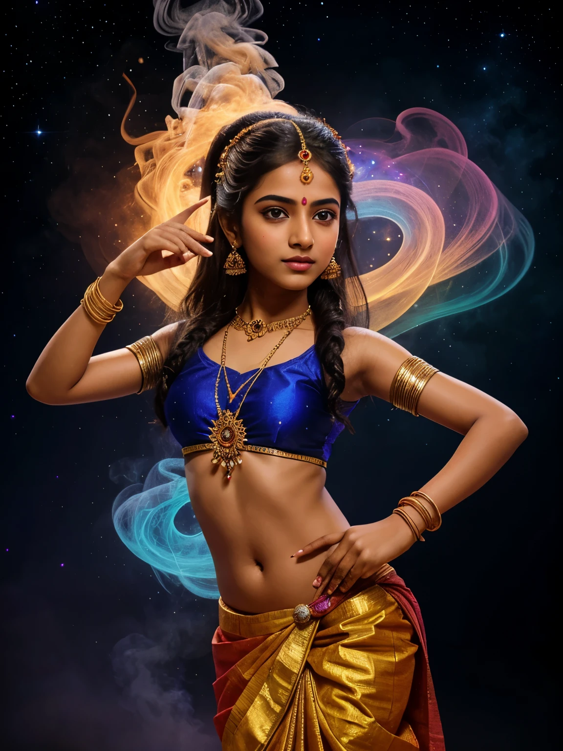 an outline sketch of 18 year old girl dancing Bharatanatyam, beautiful realistic face, eyes symmetry, face symmetry, cosmic rays smoke, covered with vibrant color smoke, in the deep space, intricate details, cinematic effects, field of depth, celestial bodies, CGI, HDR, hyper realistic