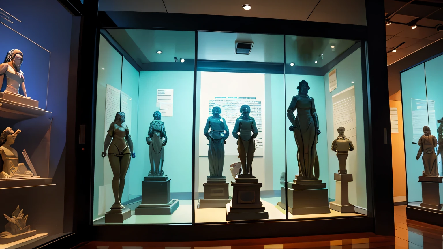 a native american history museum. we see a glass case with the ancient statue of a mermaid in it. native american mannequins