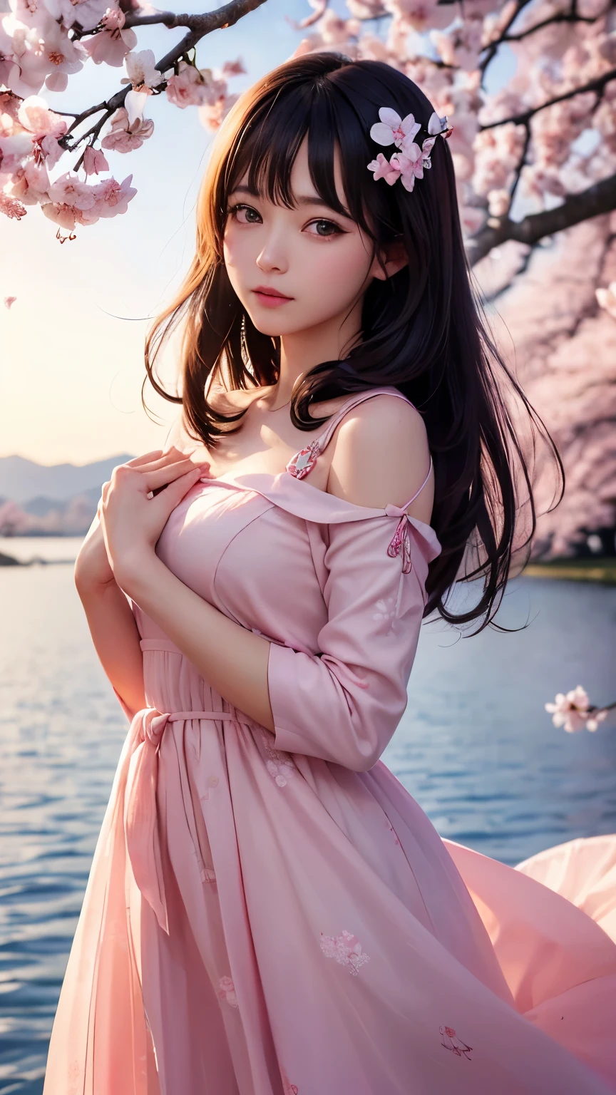 (A logo、​masterpiece、8K、masutepiece、Raw photo、Fantastic、Best Quality、Photorealistic and ighly detailed CG integrated 8k wallpaper、hightquality、ighly detailed、epic poem、Particle effect、Dynamic effects、depth of fields、Cinematic Light、Lens Flare、Ray tracing)、Fantasia、 (Beauty 1 person、doress、Dress、Cherry blossom pattern、A dark-haired、Beautiful face、Real Face、beautiful details eyes beautiful skin)、my hair dances in the wind、Hair flutters in the wind、Hair jumps、Pink cherry blossom tree、Petals flutter、Sakura blizzard、Superb view、morning glow、Sun in the background、the wind、