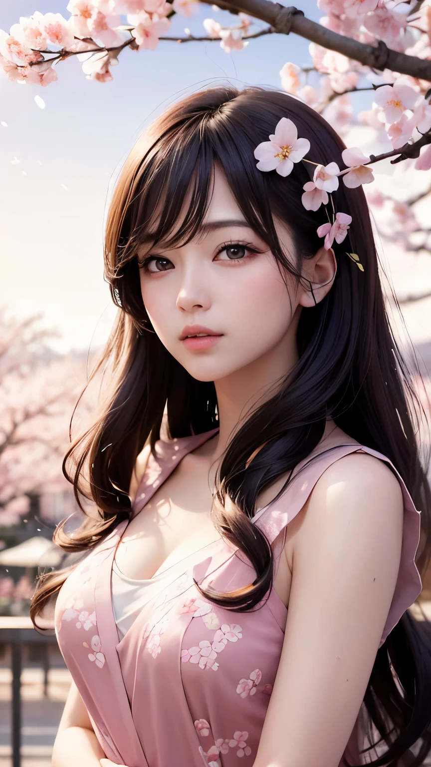 (A logo、masterpiece、8K、masutepiece、Raw photo、Fantastic、Best Quality、Photorealistic and ighly detailed CG integrated 8k wallpaper、hightquality、ighly detailed、epic poem、Particle effect、Dynamic effects、depth of fields、Cinematic Light、Lens Flare、Ray tracing)、Fantasia、 (Beauty 1 person、doress、Dress、Cherry blossom pattern、A dark-haired、Beautiful face、Real Face、beautiful details eyes beautiful skin)、my hair dances in the wind、Hair flutters in the wind、Hair jumps、Pink cherry blossom tree、Petals flutter、Sakura blizzard、Superb view、morning glow、Sun in the background、the wind、