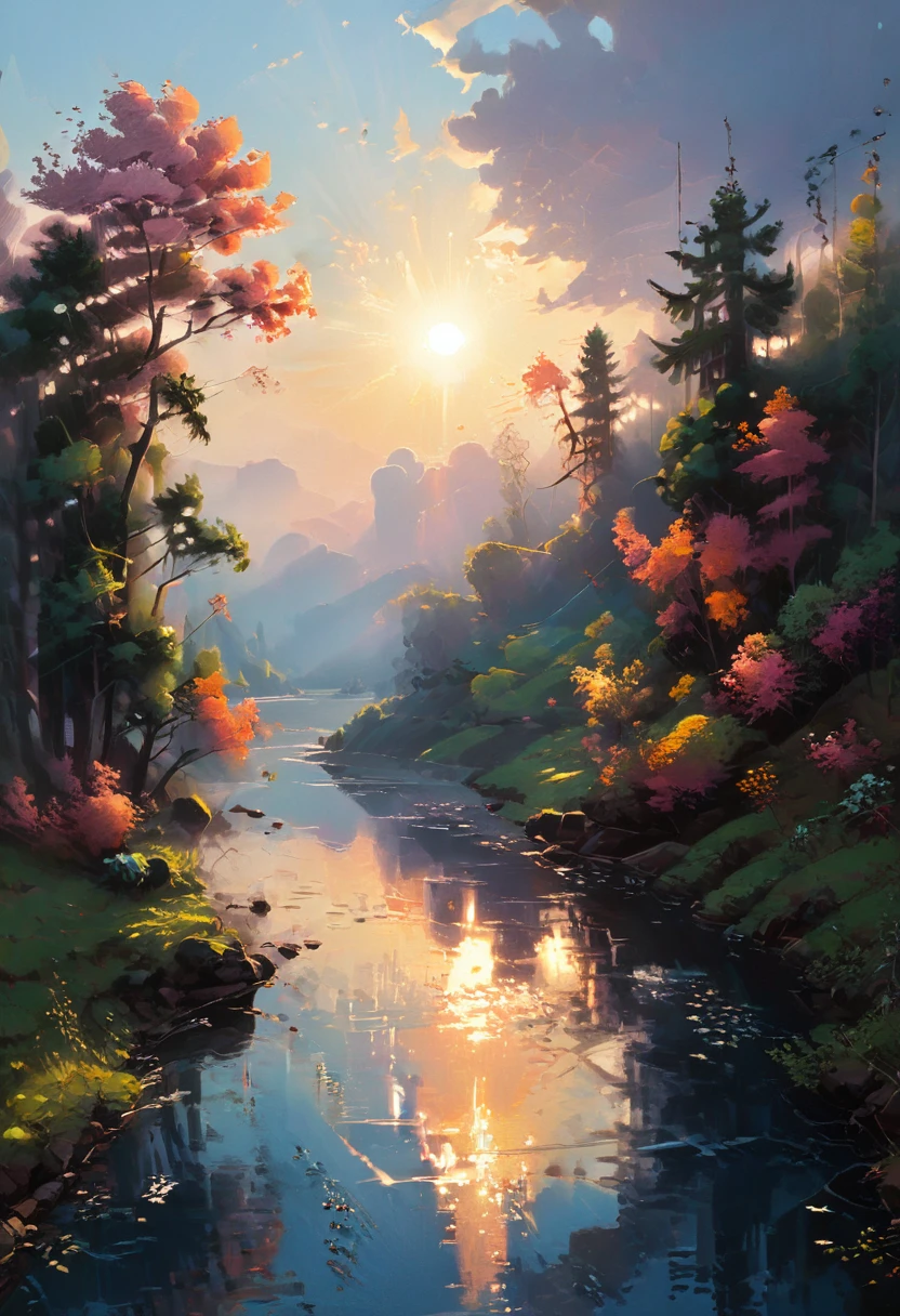 Spring Morning, sunlight, by Alena Aenami, (masterpiece, best quality, perfect composition, very aesthetic, absurdres, ultra-detailed, intricate details, Professional, official art, Representative work:1.3)