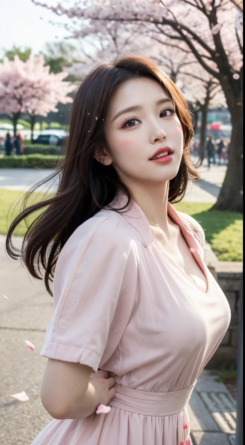 Mustepiece, top quality, illustration, ultra-definition, fine details, high resolution, 8K wallpaper, perfect dynamic composition, beautiful detailed eyes, wearing a dress, natural colored lips, random cute pose, perfect and beautiful face, cute, sexy face, sunset, ecstasy face, feminine face, (cherry blossoms, cherry blossoms, falling cherry blossom petals, cherry blossom blizzard, falling petals), waving in the wind Hair, hair fluttering, pink cherry blossoms, petals dancing, cherry blossom snowstorm, wonderful scenery, sunrise, background sun, wind,