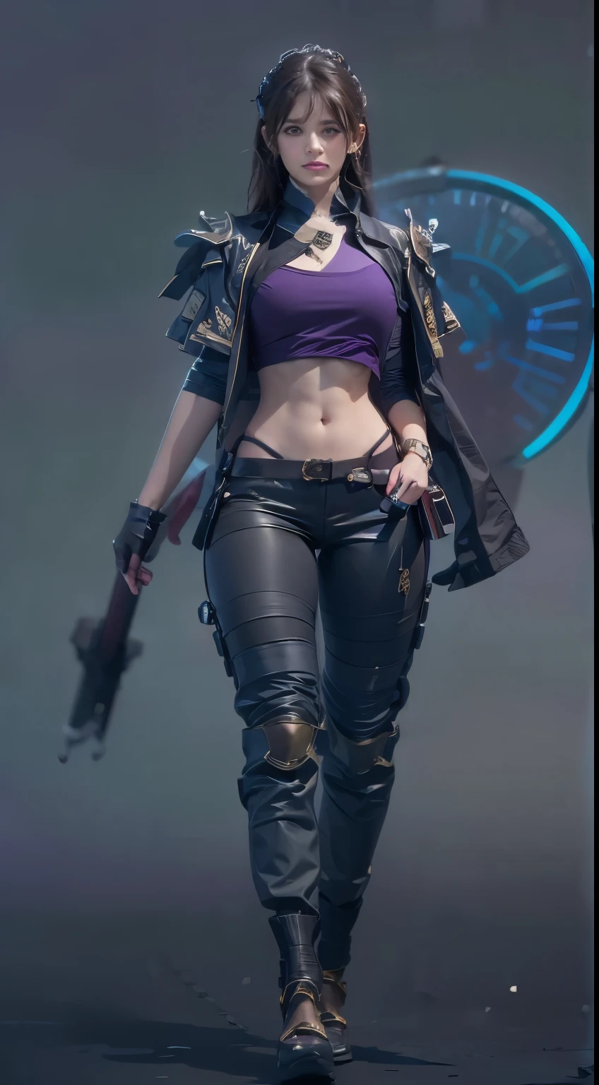 11:23(((best quality: 1.4))),(Unparalleled masterpiece), (ultra high definition),(Hyper-realistic 8K CG)、（one hand raised），（dark hair） ((( Body))), (((1 girl in))), 25-year-old American soldier with perfect Body,,Beautiful and well groomed face,muscular Body:1.2,Solid royal blue jacket with details, (Pictures from head to thighs)， Complex equipment, Purple，trousers，The clothes inside are dark，Clothes with armored metal electronic parts, poison tattoo )