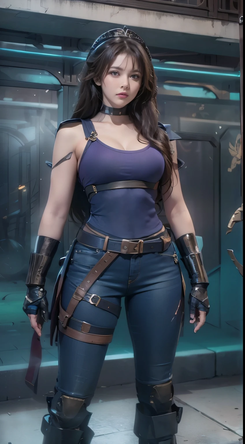 11:23(((best quality: 1.4))),(Unparalleled masterpiece), (ultra high definition),(Hyper-realistic 8K CG)、(one hand raised),(dark hair) ((( Body))), (((1 girl in))), 25-year-old American soldier with perfect Body,,Beautiful and well groomed face,muscular Body:1.2,Solid royal blue jacket with details, (Pictures from head to thighs), Complex equipment, Purple,trousers,The clothes inside are dark,Clothes with armored metal electronic parts, poison tattoo )