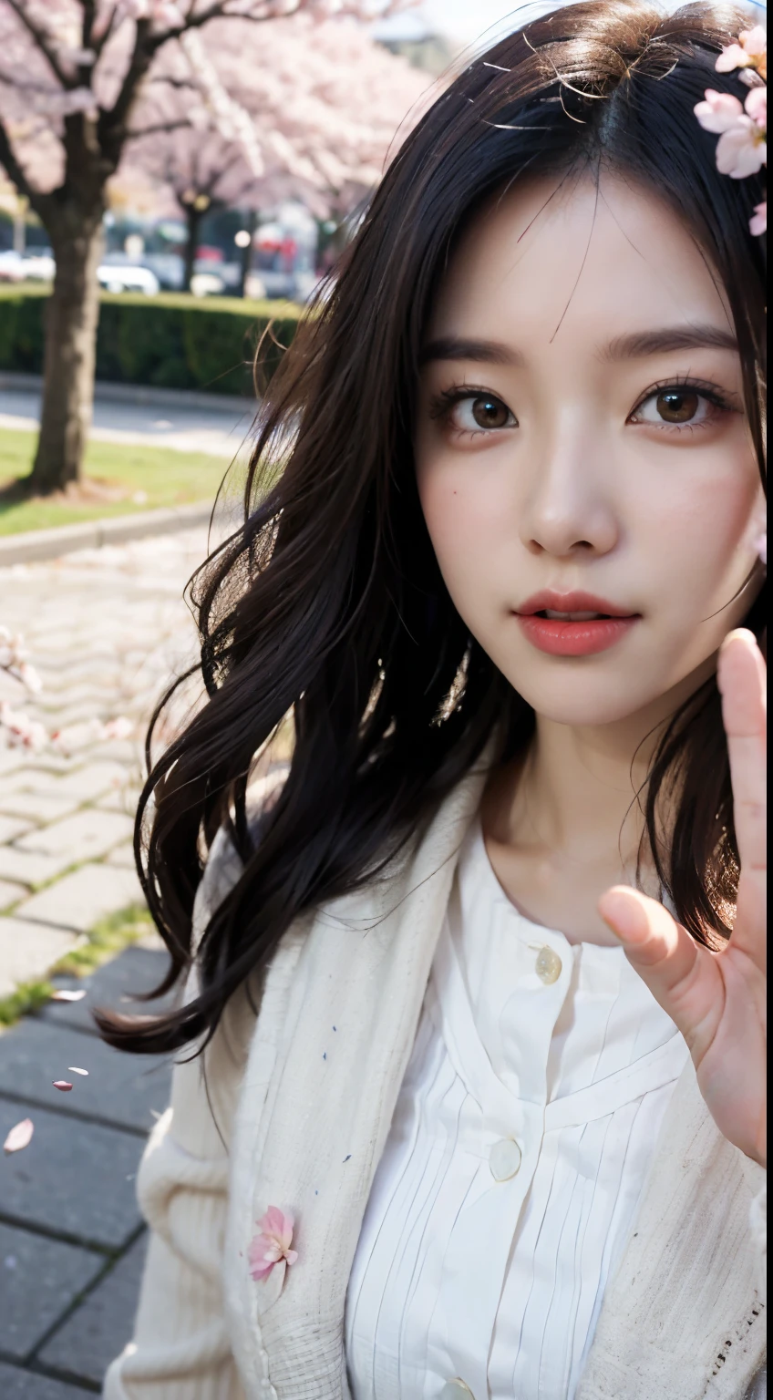 Mustepiece, top quality, illustration, ultra-definition, fine details, high resolution, 8K wallpaper, perfect dynamic composition, beautiful detailed eyes, wearing a dress, natural colored lips, random cute pose, perfect and beautiful face, cute, sexy face, sunset, ecstasy face, feminine face, (cherry blossoms, cherry blossoms, falling cherry blossom petals, cherry blossom blizzard, falling petals), waving in the wind Hair, hair fluttering, pink cherry blossoms, petals dancing, cherry blossom snowstorm, wonderful scenery, sunrise, background sun, wind,