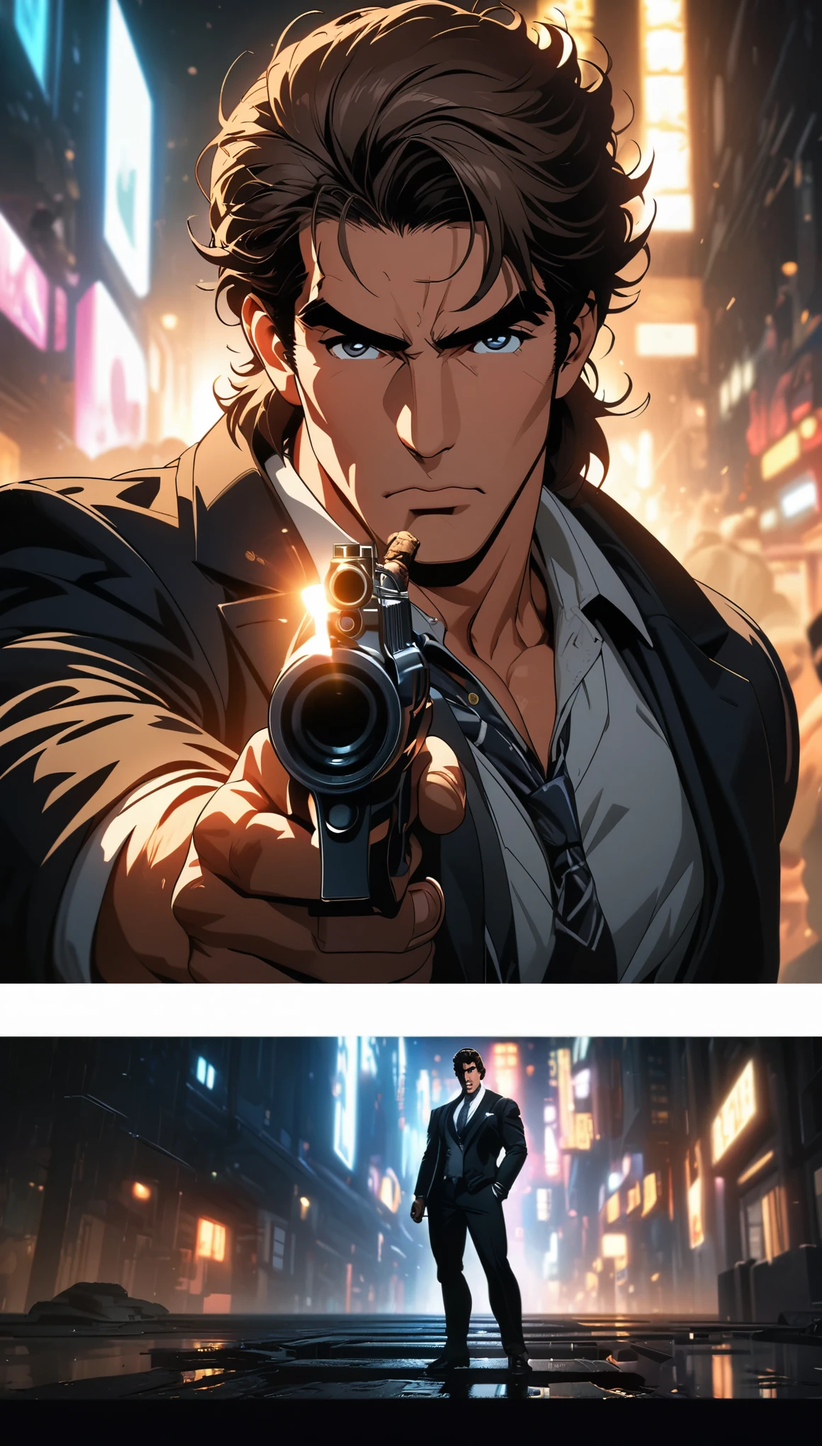 Comic city hunter style,30 year old handsome man,black suit,cigar,front,Horizontal viewing angle,rich and colorful,Japanese manga artist Tsukasa Hojo'style,depth of field,White background,Overclocked renderer,movie lighting,Ultra-fine,super detailed,CG art,
