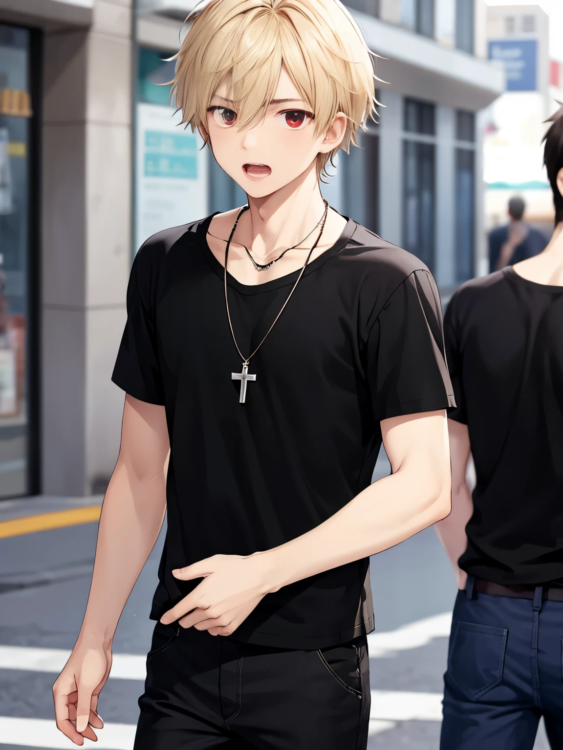 1 boy,solo,20 years old,guy,walking,close up photo,shock expression,open mouth,cross necklace,handsome,messy hair,Perfect face, short hair, blonde hair,black t-shirt, Plain t-shirt,black t-shirt,short sleeve t-shirt,black trousers, Long pants,red eyes,bright red eyes, vampire