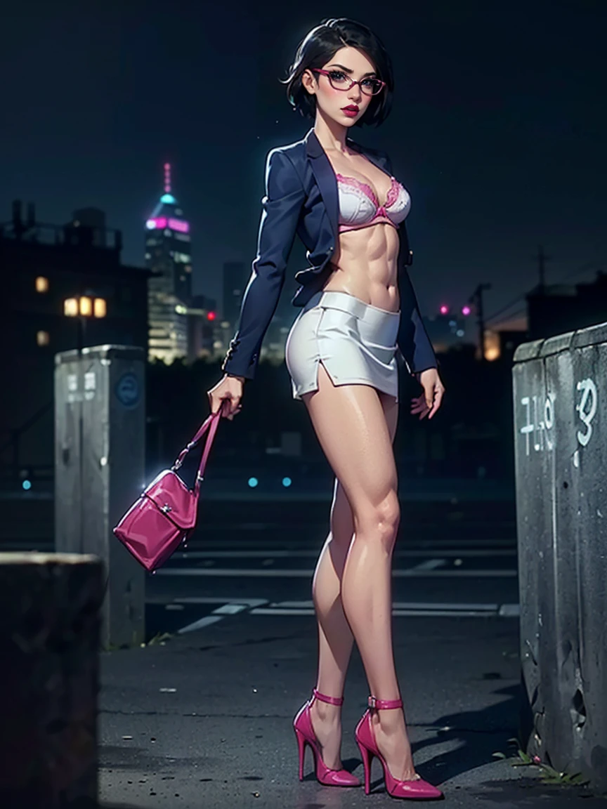 (1girl, solo, alone), (WakatsukiRisa, Sarada Uchiha, black hair, short hair, black eyes, red glasses), ((solo, (1woman, pink lipstick, black eyes), Extremely detailed, ambient soft lighting, 4k, perfect eyes, a perfect face, perfect lighting, a 1girl)), ((fitness, muscular, shapely body, athletic body, toned body)), ((in the darkness, deep shadow, cute girl, ((Looking at Viewer)), wave, cityscape, (background is blurred), (Looking at Viewer:1.3), white bra, ((Blue Business Suit)), (Blue tight mini skirt), (short blue blazer), (high heels:1.5), (legs are open to the left and right: 1.5), Standing in honor, (stand up)))