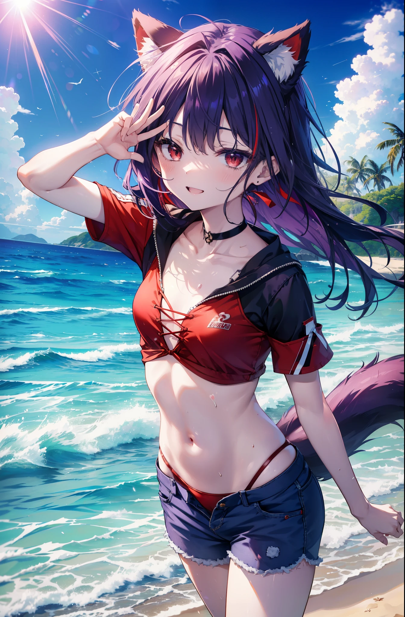 yuukikonno, Yuki Konno, hair band, long hair, pointed ears, purple hair, (red eyes:1.5),happy smile, smile, open your mouth, Are standing,
From above, (small breasts:1.2), ,dog ears,animal ears dog tail,Red Bikini Swimsuit,purple short sleeve hoodie front open,,short denim pants,barefoot,barefoot,beach, sandy beach,Palm tree,Midsummer,Light of the sun,noon,
break looking at viewer, Upper body, whole body, (cowboy shot:1. 5
break outdoors, beach,
break (masterpiece:1.2), highest quality, High resolution, unity 8k wallpaper, (shape:0.8), (beautiful deしっぽed eyes:1.6), extremely deしっぽed face, perfect lighting, extremely deしっぽed CG, (perfect hands, perfect anatomy),