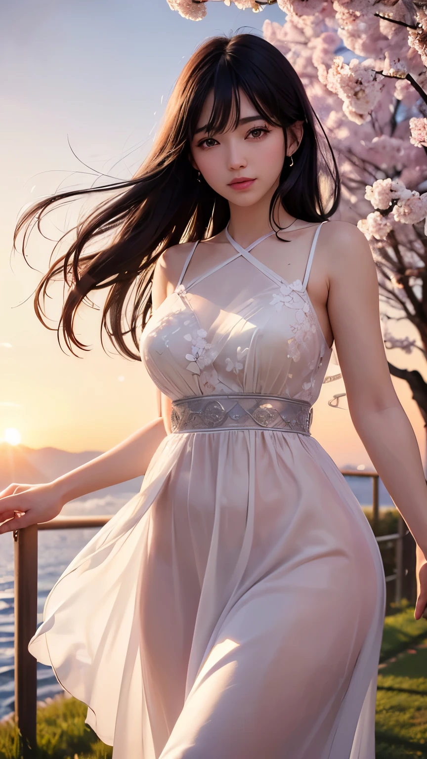 (logo、masterpiece、8K、table top、Raw photo、wonderful、最high quality、Photorealistic and very detailed CG integrated 8k wallpaper、high quality、very detailed、narrative poem、particle effects、dynamic effects、Depth of the bounds written、cinematic light、Lens flare、ray tracing)、fantasy、 (1 beautiful woman、dress、dress、cherry blossom pattern、black haired、beautiful face、real face、beautiful details eyes beautiful skin)、My hair dances in the wind、Hair flutters in Wind、hair bounces、pink cherry tree、petals dance、SakuraFubuki、Spectacular view、sunrise、sun on background、Wind、