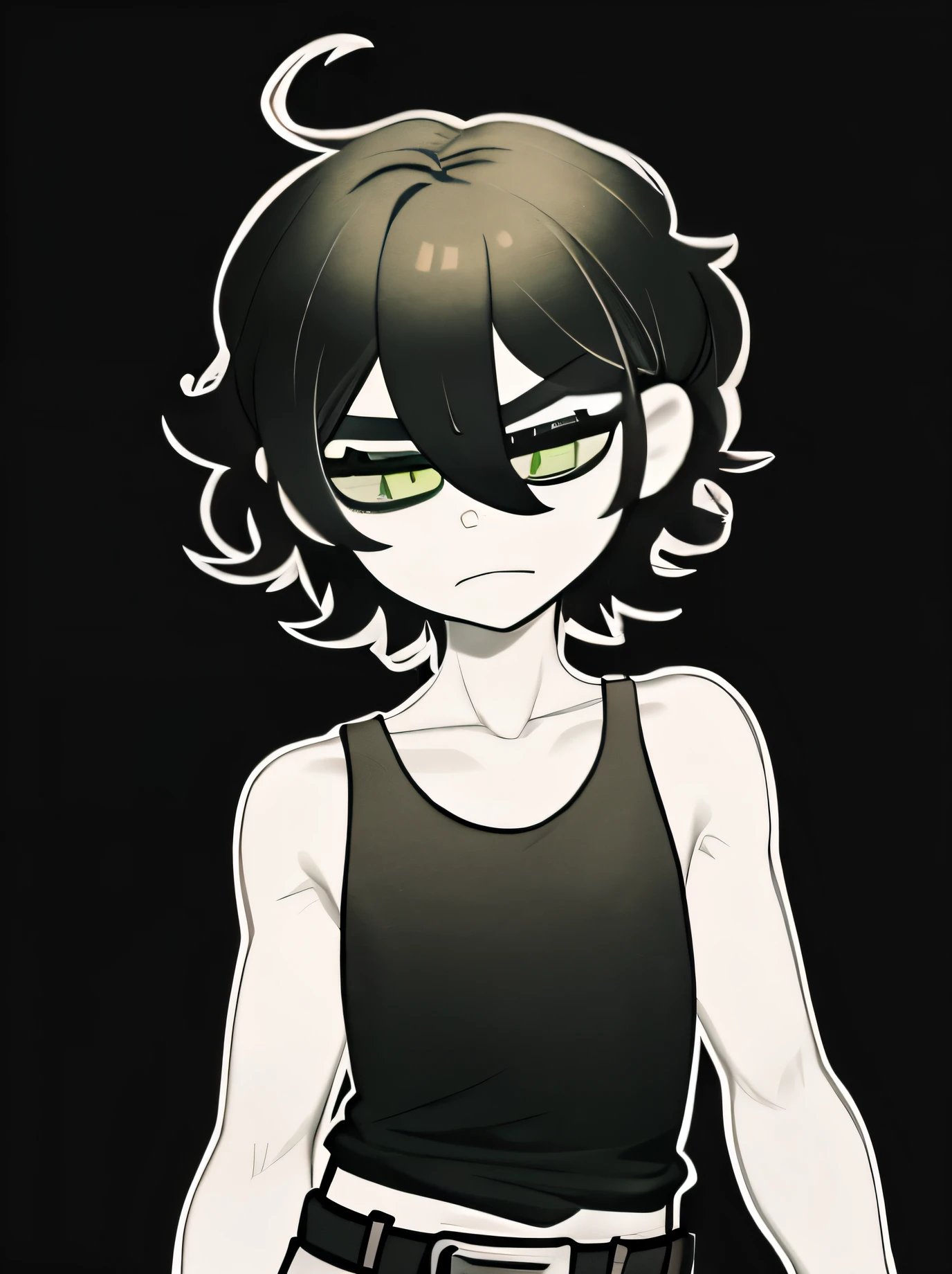 monochrome,tcoaal, Solo, looking at viewer, short hair, , 1boy, hair between eyes, closed mouth, Black hair, Green eyes, Tank top, upper body, (Armpit), ahoge, Belt, male focus, black background, messy hair, bright pupils, outline, white pupils, black shirt, white outline,
