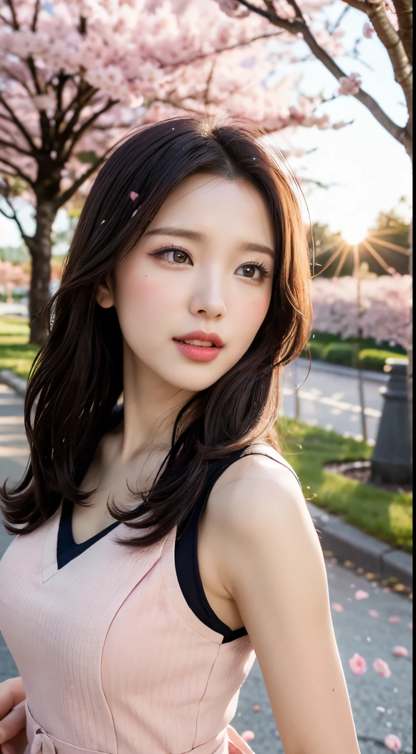 Mustepiece, top quality, illustration, ultra-definition, fine details, high resolution, 8K wallpaper, perfect dynamic composition, beautiful detailed eyes, wearing a dress, natural colored lips, random cute pose, perfect and beautiful face, cute, sexy face, sunset, ecstasy face, feminine face, (cherry blossoms, cherry blossoms, falling cherry blossom petals, cherry blossom blizzard, falling petals), waving in the wind Hair, hair fluttering, pink cherry blossoms, petals dancing, cherry blossom snowstorm, wonderful scenery, sunrise, background sun, wind,