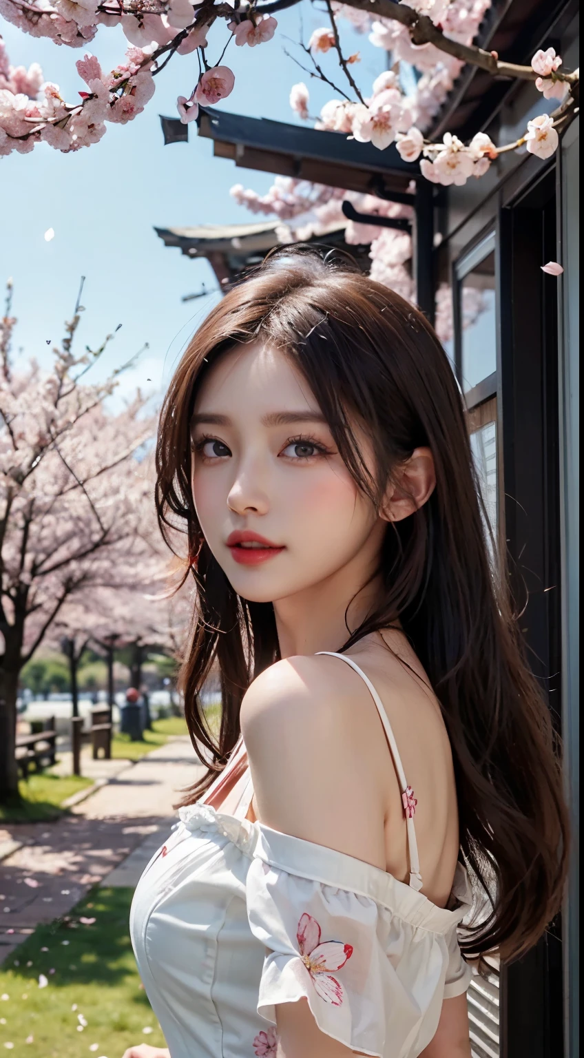 Mustepiece, top quality, illustration, ultra-definition, fine details, high resolution, 8K wallpaper, perfect dynamic composition, beautiful detailed eyes, wearing a dress, natural colored lips, random cute pose, perfect and beautiful face, cute, sexy face, sunset, ecstasy face, feminine face, (cherry blossoms, cherry blossoms, falling cherry blossom petals, cherry blossom blizzard, falling petals), waving in the wind Hair, hair fluttering, pink cherry blossoms, petals dancing, cherry blossom snowstorm, wonderful scenery, sunrise, background sun, wind,