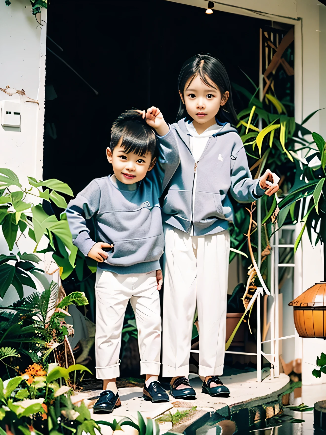 Highly realistic photo, ((masterpiece), (best quality), (raw photo), (photorealistic:1.4), old photo of two young vietnamese children standing in the corner, behind them is an overgrown garden with plants and trees, Boys have silky hair, girls have long black hair with bangs, they look happy but not looking at camera, in front of window, on white background, realistic, monochrome black & grey, white vignette, photo taken by Sony A7IV