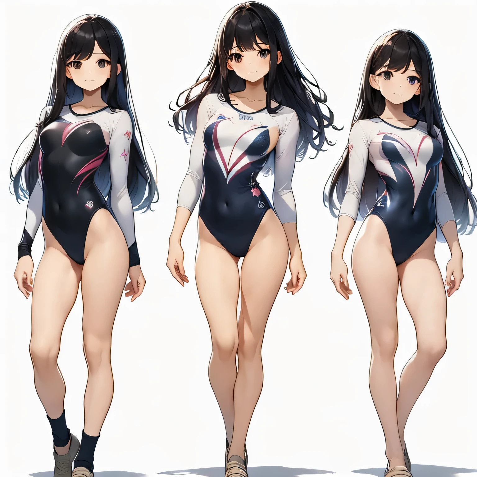 ((full body)),(masterpiece, best quality), (3 girls1.5) ,((Contrapposto:1.5)), looking at viewer, walking,((v_arms:1.2)), wearing gymnastics_longsleeves_leotard_outfit leotard:1.3),(black leotard) ,(solid print:1.3), BREAK masterpiece black hair, ((long hair:1.2)), ((parted bangs:1.3)), black eyes, good hand, ((small )), (over 20 years old, under 25 years old:1.2), , spotlight, happy, smile, BREAK in the class room