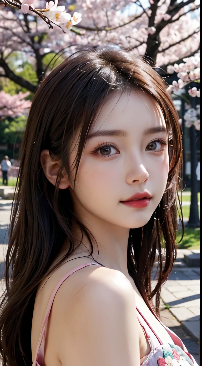 Mustepiece, top quality, illustration, ultra-definition, fine details, high resolution, 8K wallpaper, perfect dynamic composition, beautiful detailed eyes, wearing a dress, natural colored lips, random cute pose, perfect and beautiful face, cute, y face, sunset, ecsce, feminine face, (cherry blossoms, cherry blossoms, falling cherry blossom petals, cherry blossom blizzard, falling petals), waving in the wind Hair, hair fluttering, pink cherry blossoms, petals dancing, cherry blossom snowstorm, wonderful scenery, sunrise, background sun, wind,