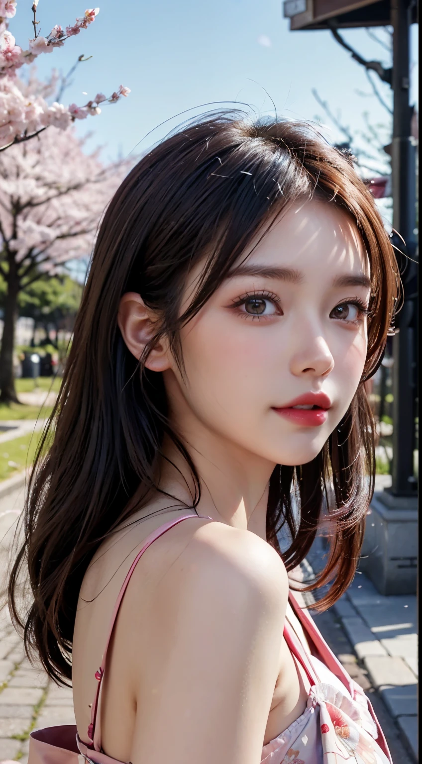 Mustepiece, top quality, illustration, ultra-definition, fine details, high resolution, 8K wallpaper, perfect dynamic composition, beautiful detailed eyes, wearing a dress, natural colored lips, random cute pose, perfect and beautiful face, cute, sexy face, sunset, ecstasy face, feminine face, (cherry blossoms, cherry blossoms, falling cherry blossom petals, cherry blossom blizzard, falling petals), waving in the wind Hair, hair fluttering, pink cherry blossoms, petals dancing, cherry blossom snowstorm, wonderful scenery, sunrise, background sun, wind,