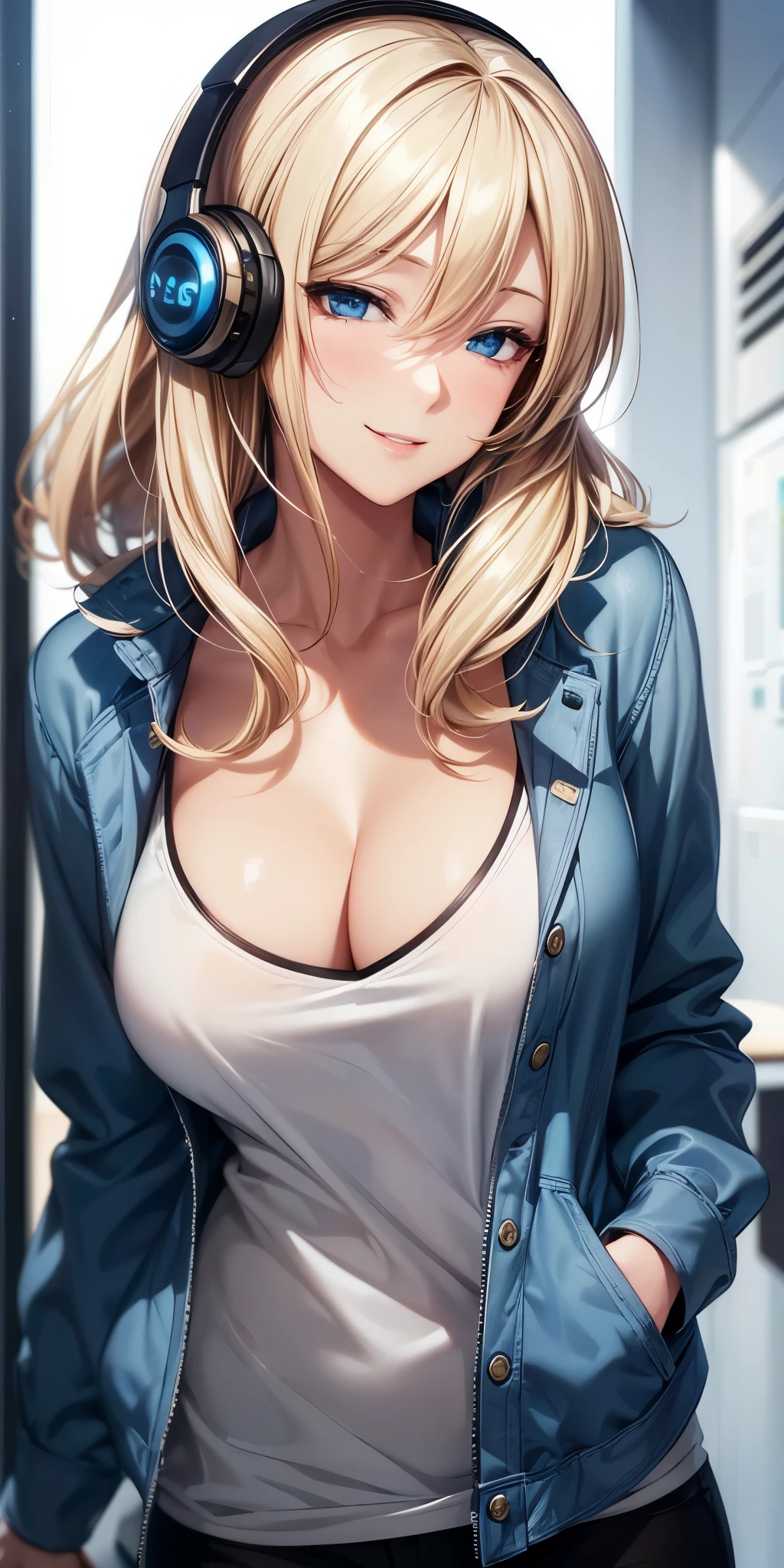 (best quality, highres), portrait, cool anime adult woman, blue eyes, blonde hair, smiling, 8k resolution, beautiful cg, soft light