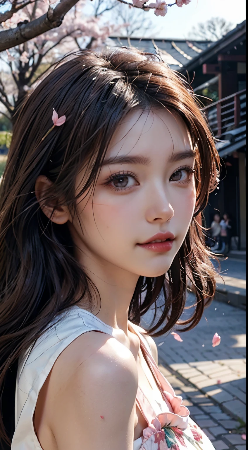 Mustepiece, top quality, illustration, ultra-definition, fine details, high resolution, 8K wallpaper, perfect dynamic composition, beautiful detailed eyes, wearing a dress, natural colored lips, random cute pose, perfect and beautiful face, cute, sexy face, sunset, ecstasy face, feminine face, (cherry blossoms, cherry blossoms, falling cherry blossom petals, cherry blossom blizzard, falling petals), waving in the wind Hair, hair fluttering, pink cherry blossoms, petals dancing, cherry blossom snowstorm, wonderful scenery, sunrise, background sun, wind,